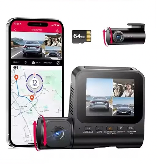 LINGDU 4K 3 Channel Wireless Dash Camera with Free 64GB Card,4K+1080P+1080P Front Inside and Rear Triple Car Camera,IR Night Vision, Voice Control,Build-in GPS 24H Parking Mode, Easy to Install（V630） 