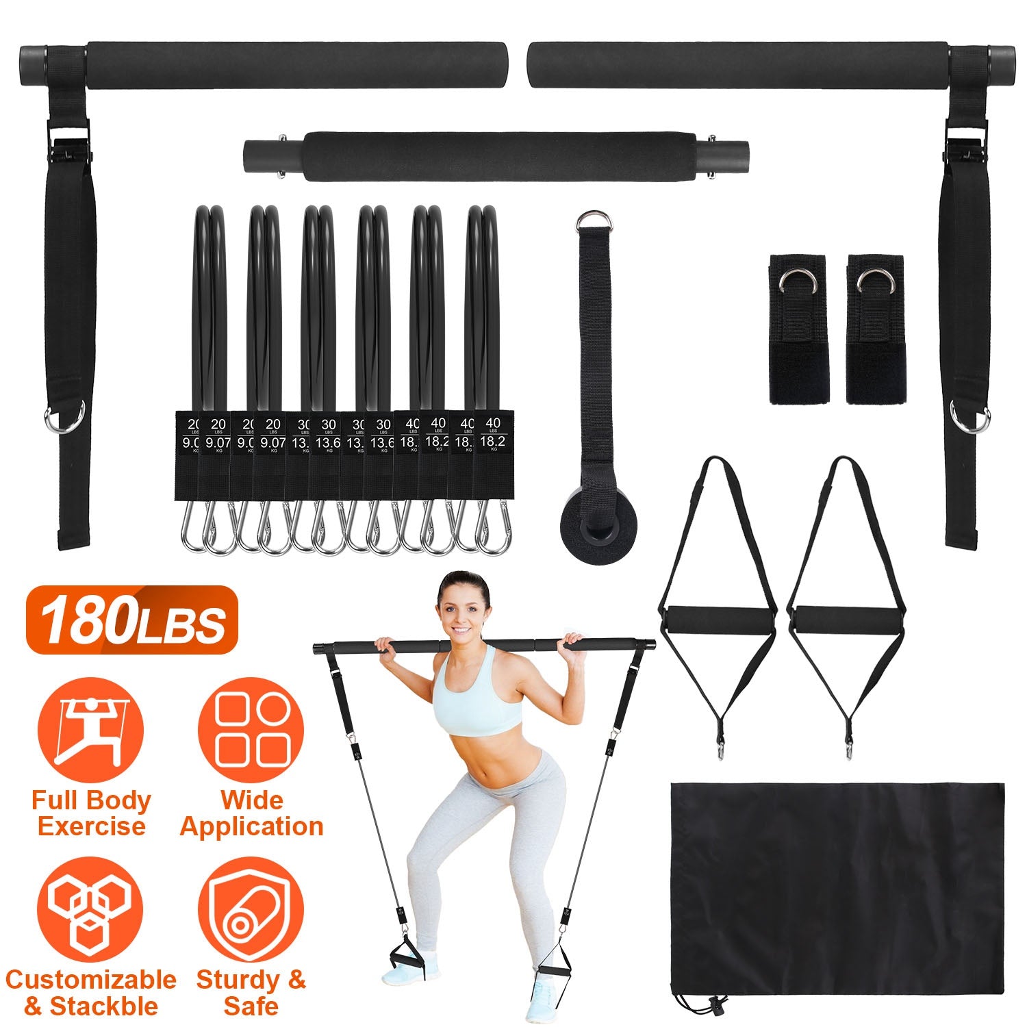 Pilates Bar Kit with 180LBS Resistance Bands Multifunctional Pilates Yoga Toning Bar Full Body Exercise Equipment Set for Beginners Intermediates Prof 