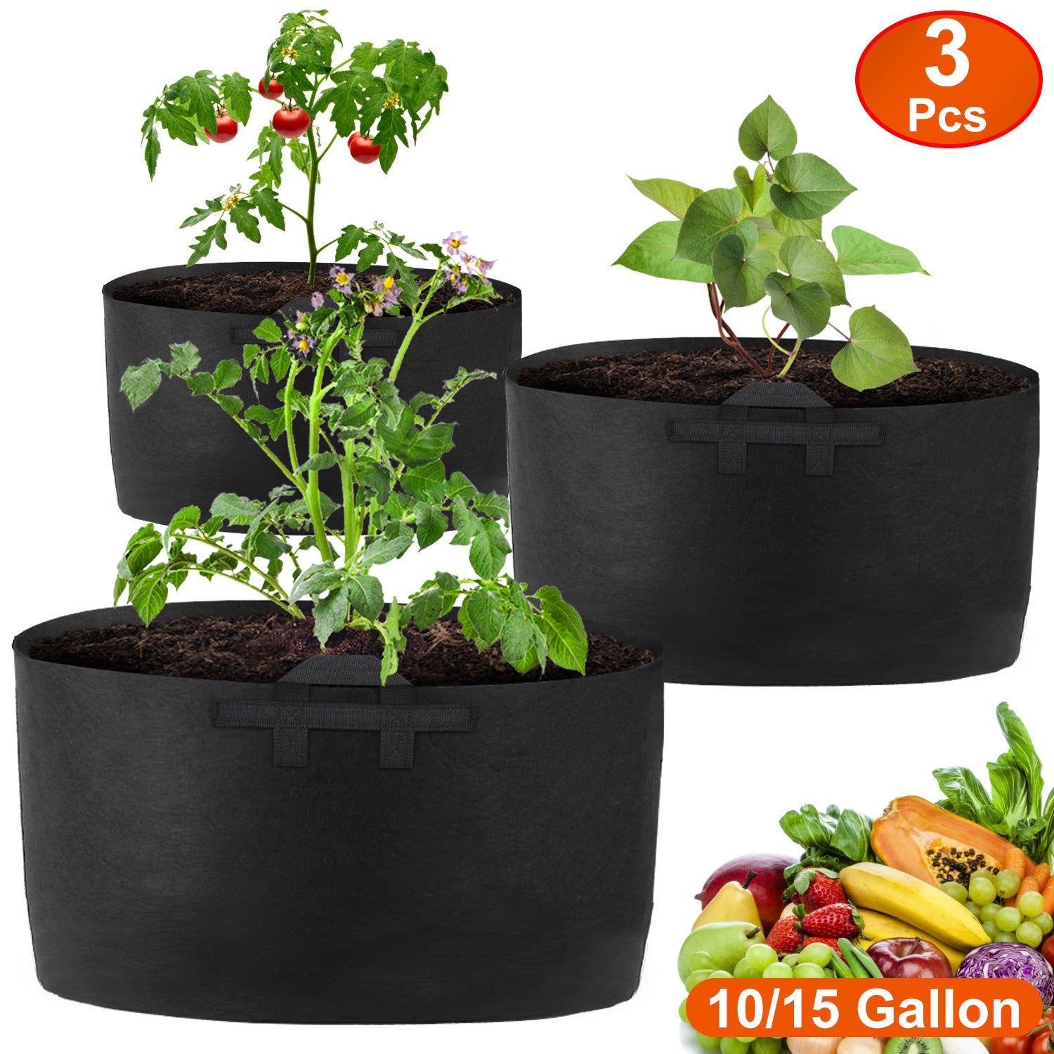 3 Pack Plant Grow Bags Potato Vegetable Planter Bags Breathable Planting Fabric Pots 15Gallons 