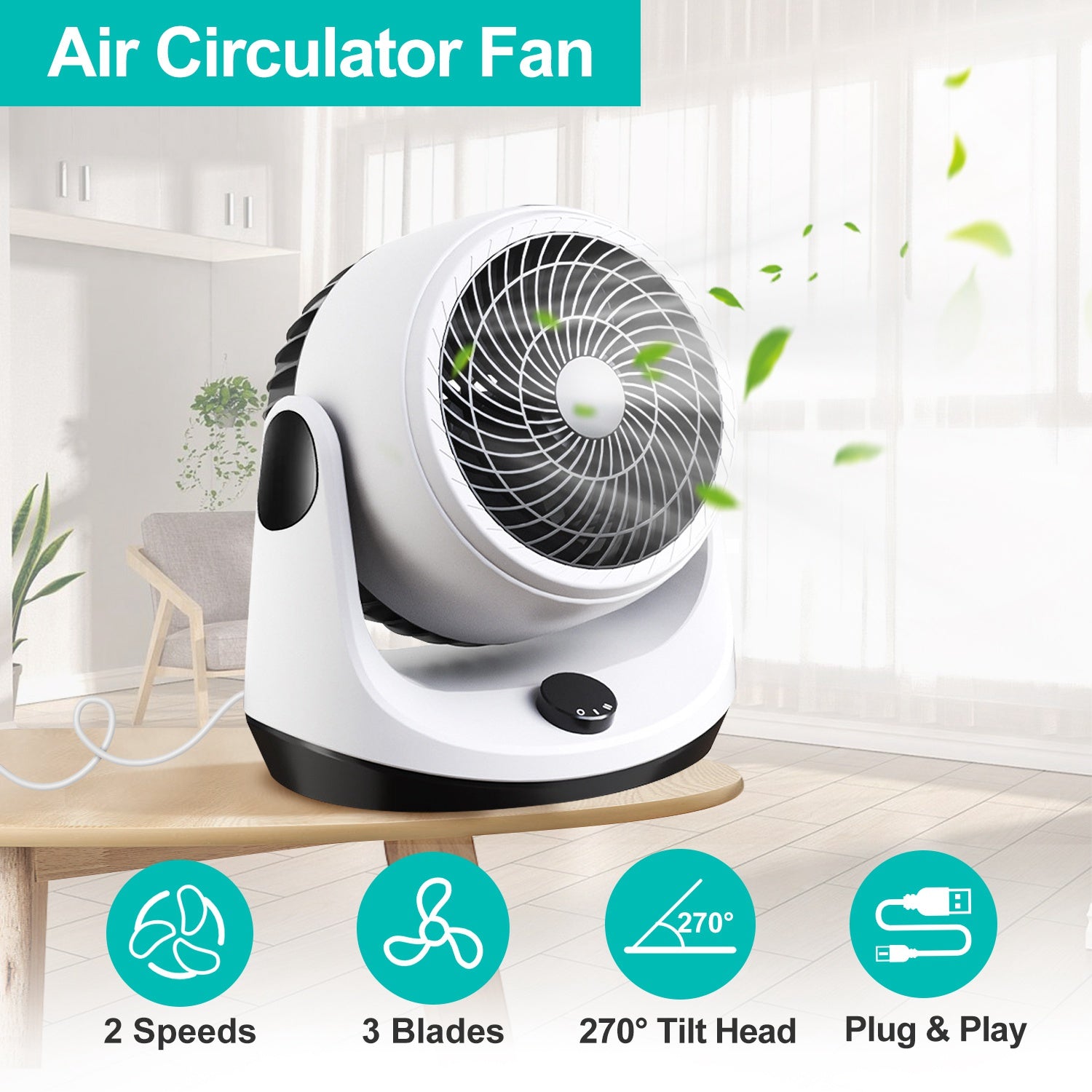 Table Desktop Fan Air Circulator Office Fan with 2 Speeds 270° Adjustable Head USB Plug Play for Room Office Kitchen Office