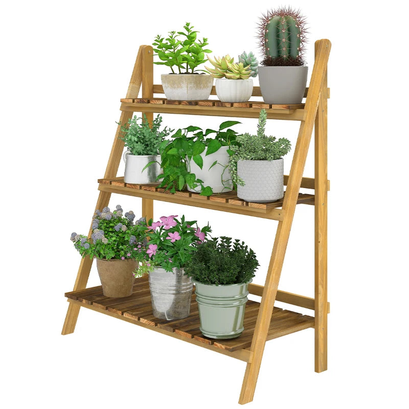 Outdoor Plant Stand, Foldable 3-Tier Wooden Plant Shelf