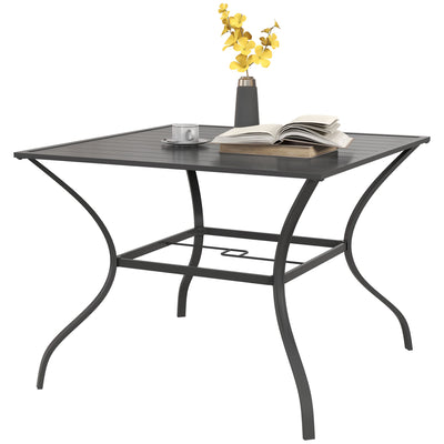 Outsunny Square Patio Dining Table with Umbrella Hole Outdoor Garden Table Slatted Metal Top for Poolside Backyard Dark Grey 
