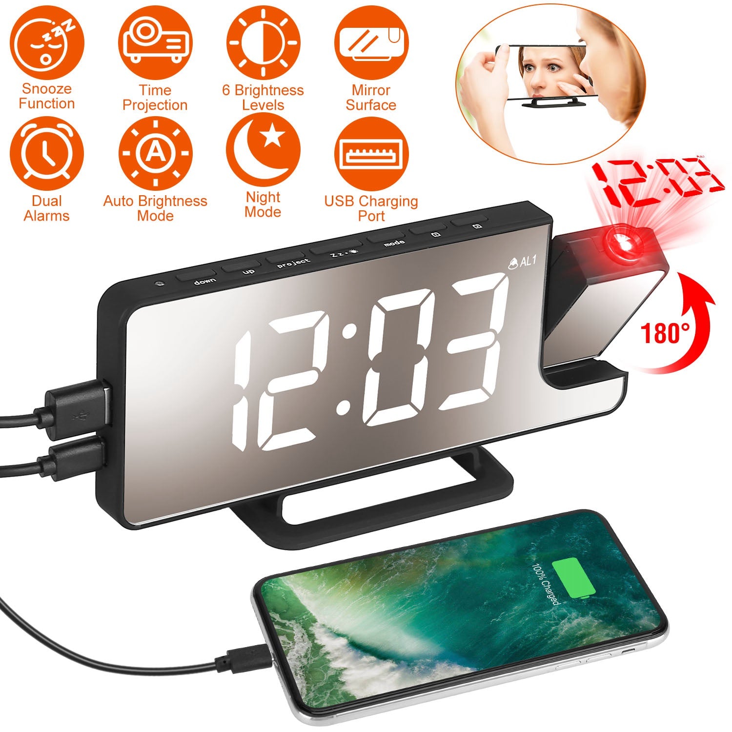 Projection Alarm Clock LED Digital Alarm Clock with Dual Alarms Snooze Function 6 Dimmer 12/24 Hour USB Port 7.7In Mirror 