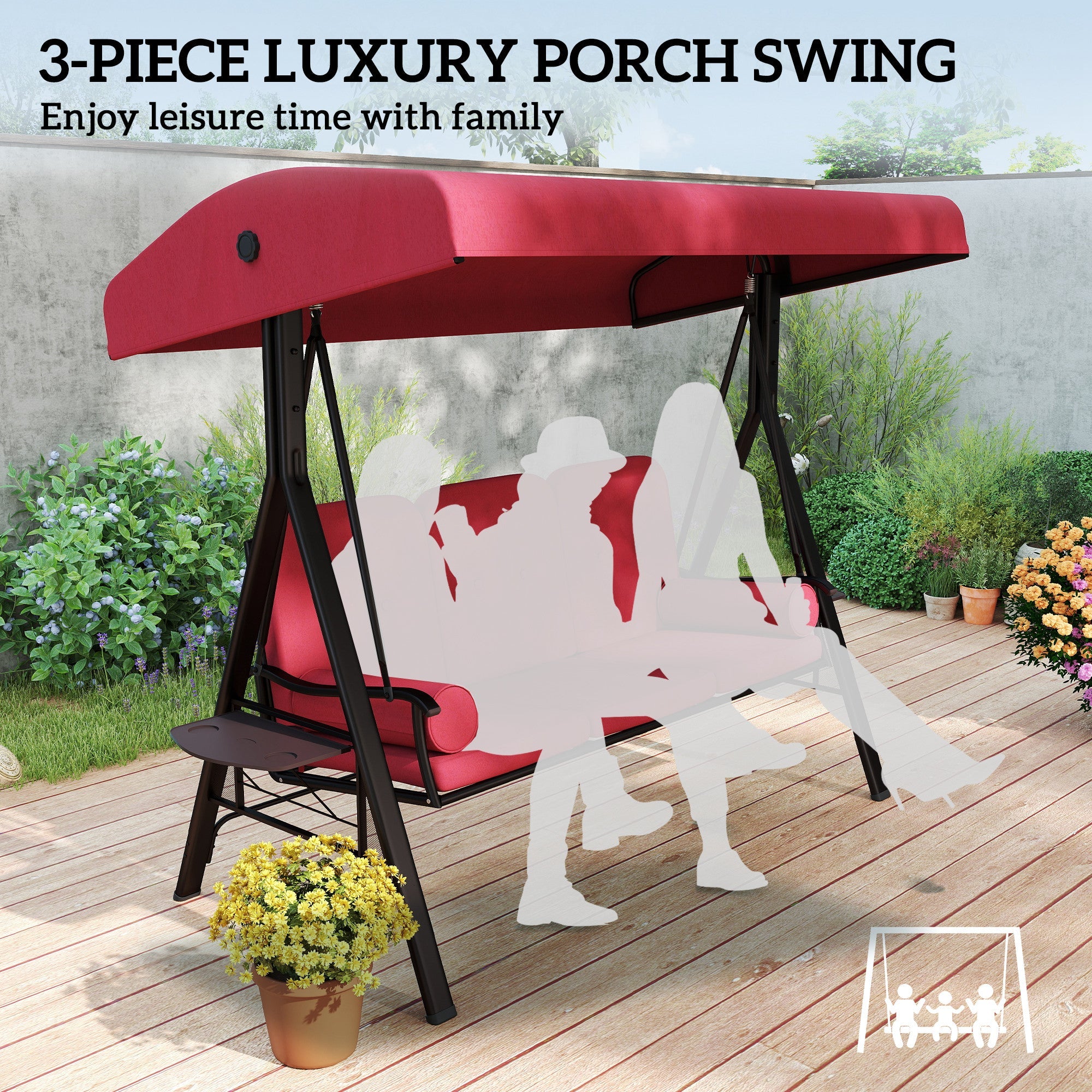 Outsunny Outdoor Patio 3-Person Steel Canopy Cushioned Seat Bench Swing with Included Side Trays & Padded Comfort, Wine Red 