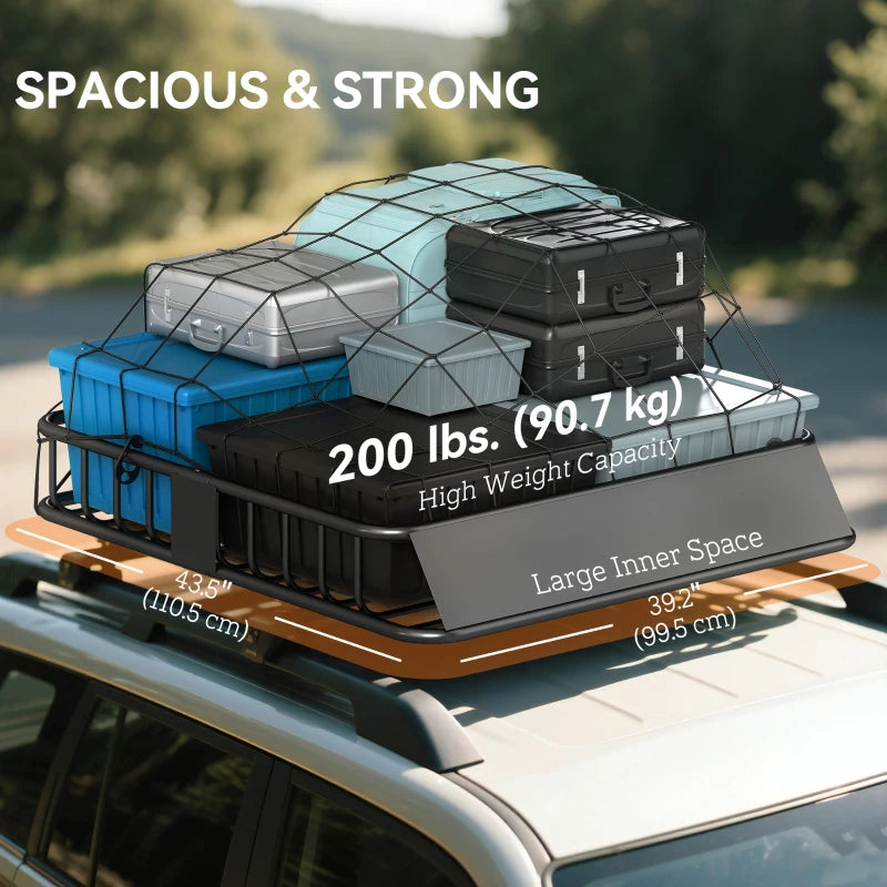 Universal Roof Rack Basket, 200lbs Steel Roof Rack Cargo Carrier with Wind Fairing, Side Rails, 43.5"x39.2"x7.3", Black
