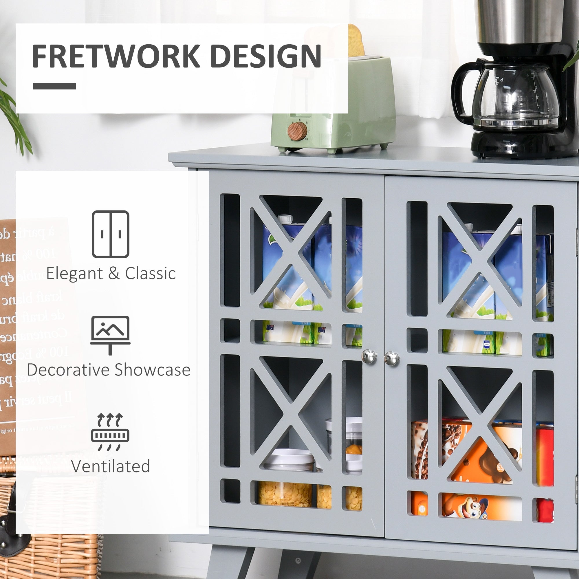 HOMCOM Modern Grey Cabinet: Fretwork Doors, Shelf, Freestanding Sideboard Buffet for Elegant Dining, Living Room 