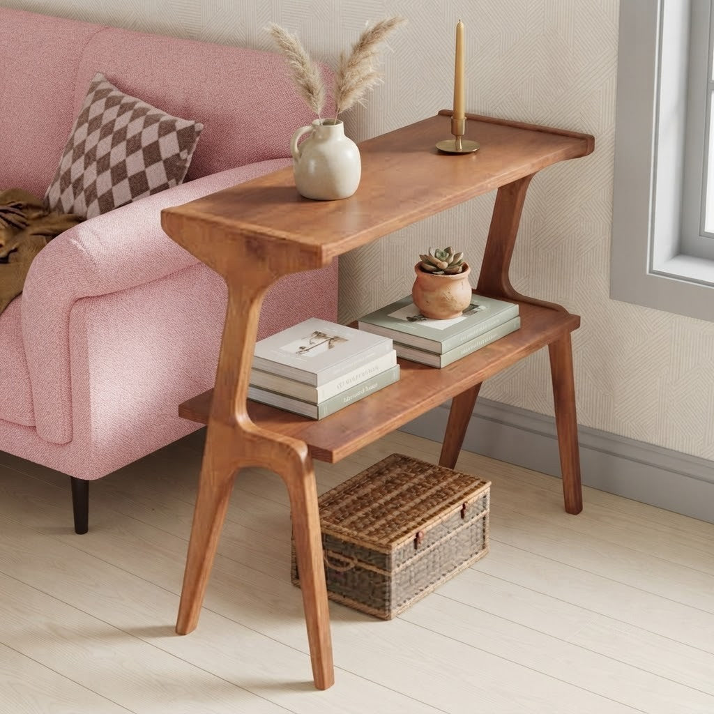 2-Tier End Table, Solid Wood Sofa Side Table with Storage Shelf, Mid-Century Modern Nightstand for Living Room & Bedroom