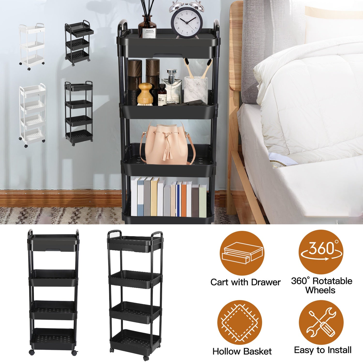 4 Tier Rolling Utility Cart Movable Storage Organizer with Drawer Lockable Wheels 360 Degree Rotatable Hallow Design for Bedroom Bathroom Kitchen 