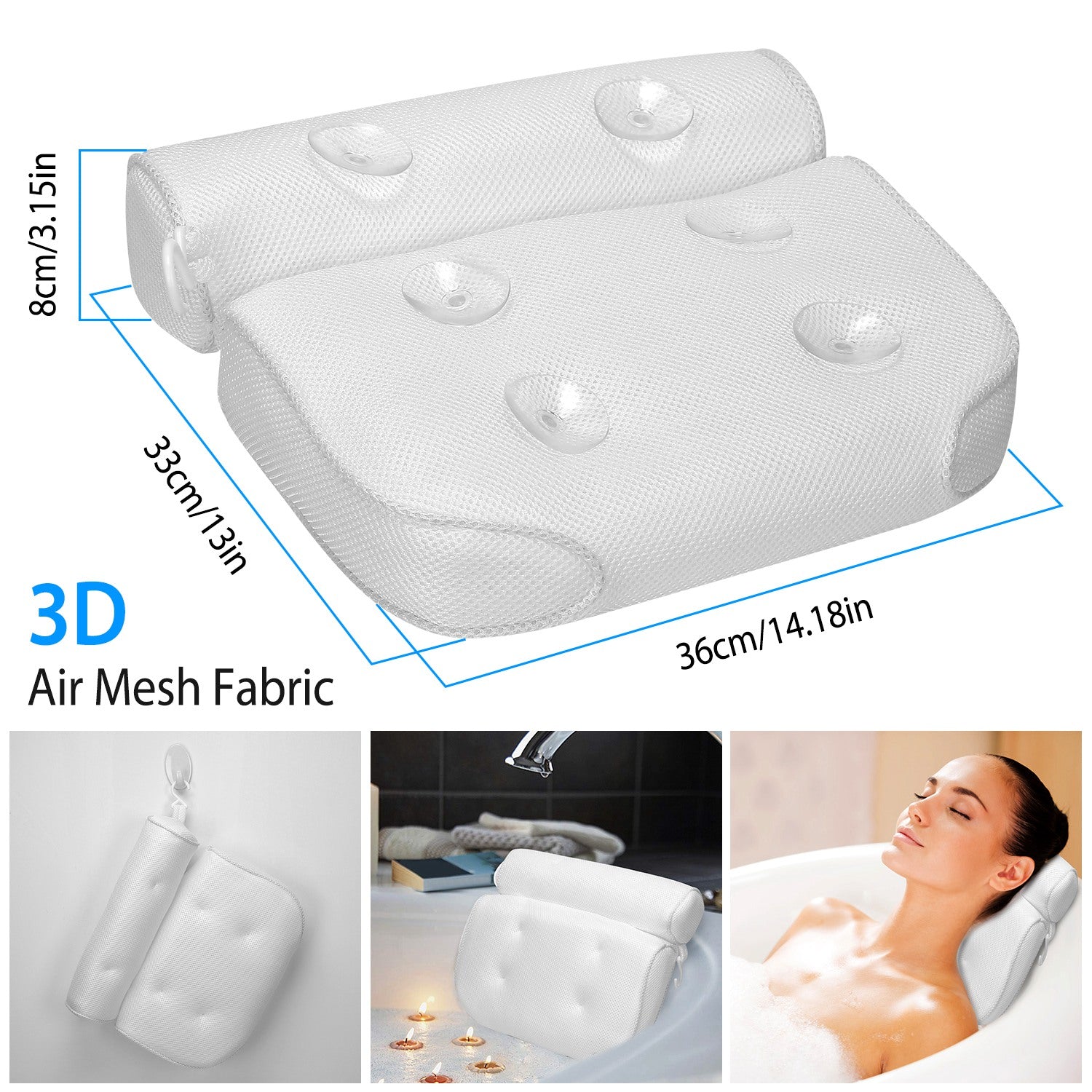 Bathtub Pillow Suction Cup Bath Pillow Air Mesh Breathable Spa Bath Pillow Neck Head Support