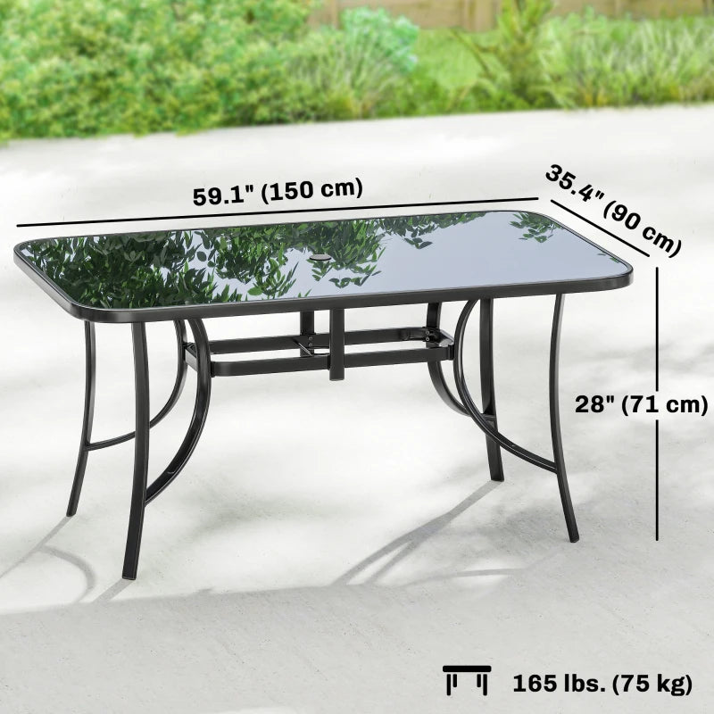 Outdoor Dining Table for 6 with Umbrella Hole, Metal Patio Dining Table with Tempered Glass Top