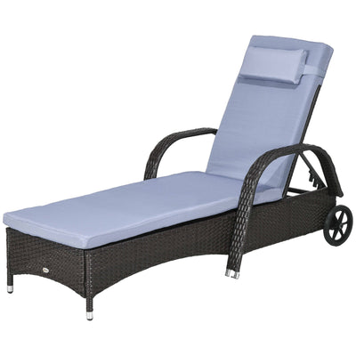 Outsunny Outdoor Lounger Deck Lounge Chair Headrest 5-Level Adjustable Backrest Wheels Deep Coffee Grey 