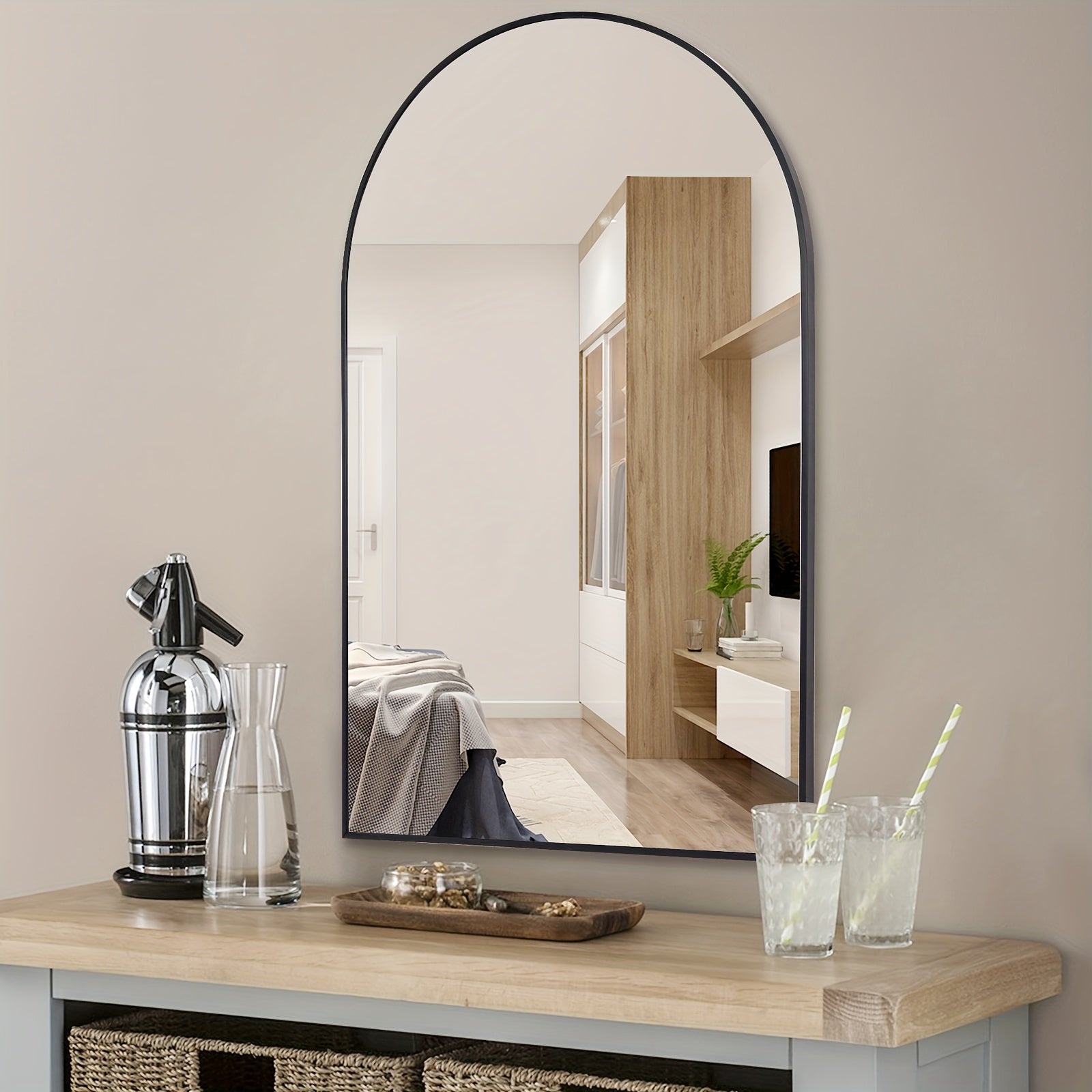 Black Arched Mirror, Matte Black Bathroom Mirror with Metal Frame, Wall Mounted Mirrors Modern Dresser Mirror for Bedroom Living Room Entryway 