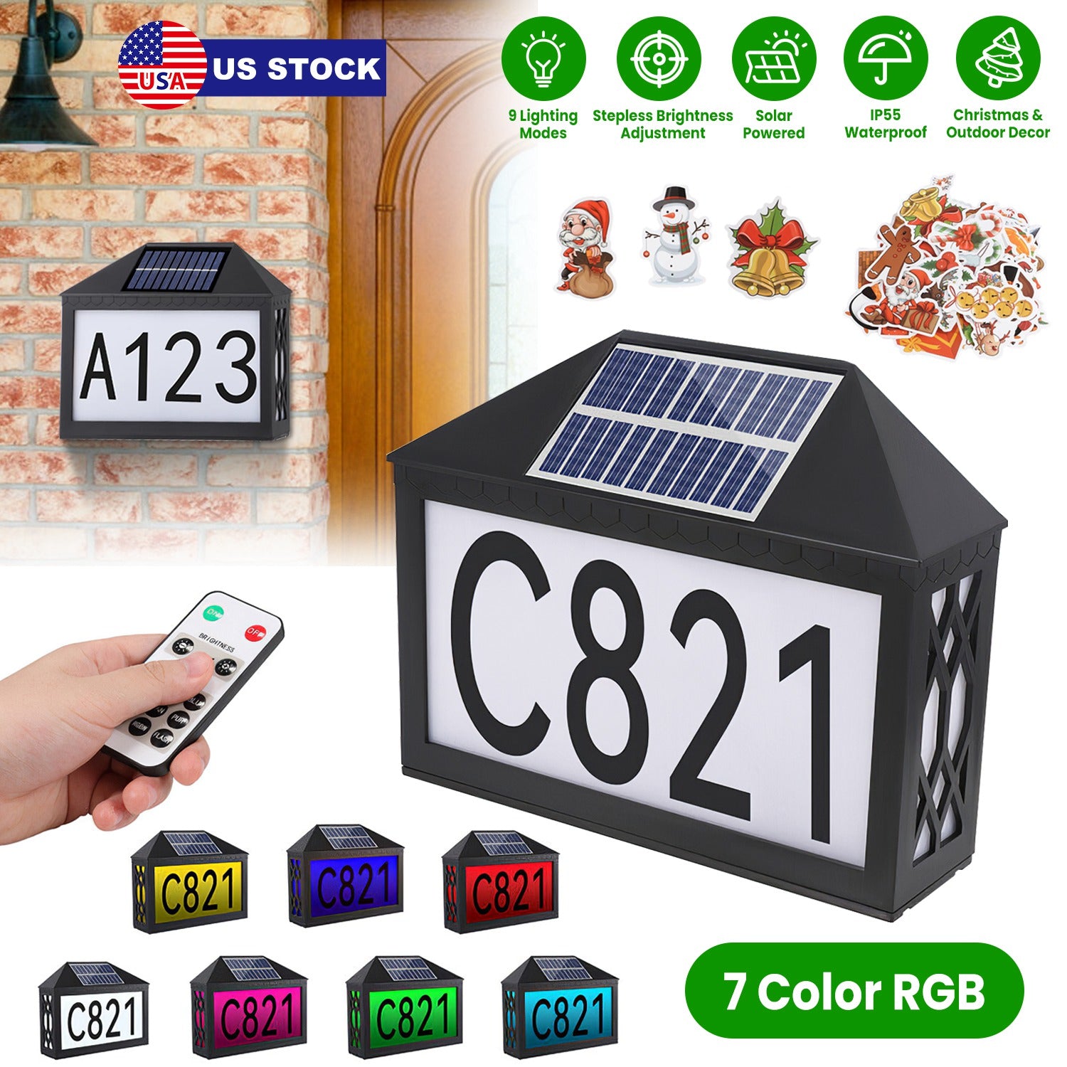 Christmas Solar Address Sign IP55 Waterproof Colorful House Numbers Plaque Wall Mounted LED Address Sign with 9 Lighting Modes Remote Control for Yard