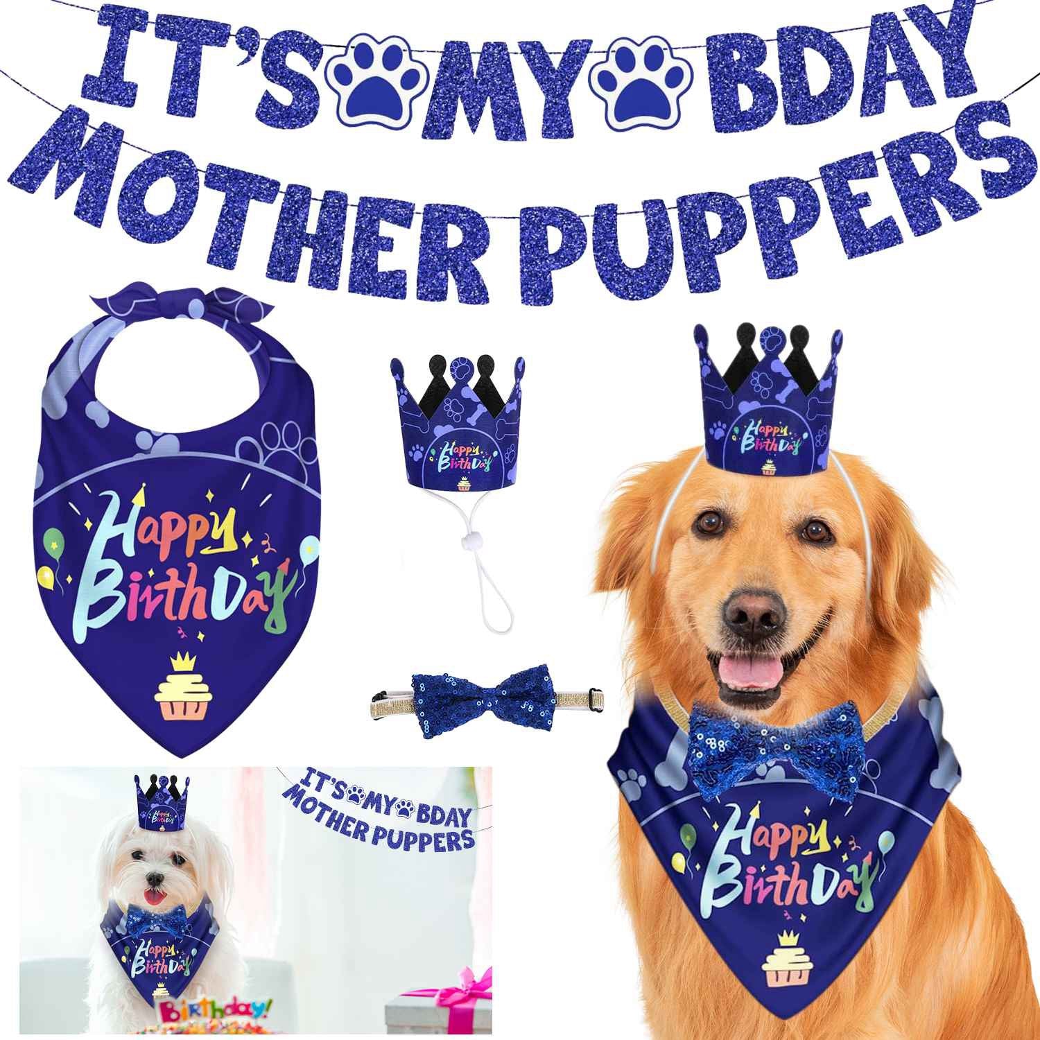 Dog Birthday Bandana Hat Set Dog Birthday Party Supplies Cute Dog Birthday Banner Decoration with Hat Bandana Bowtie 