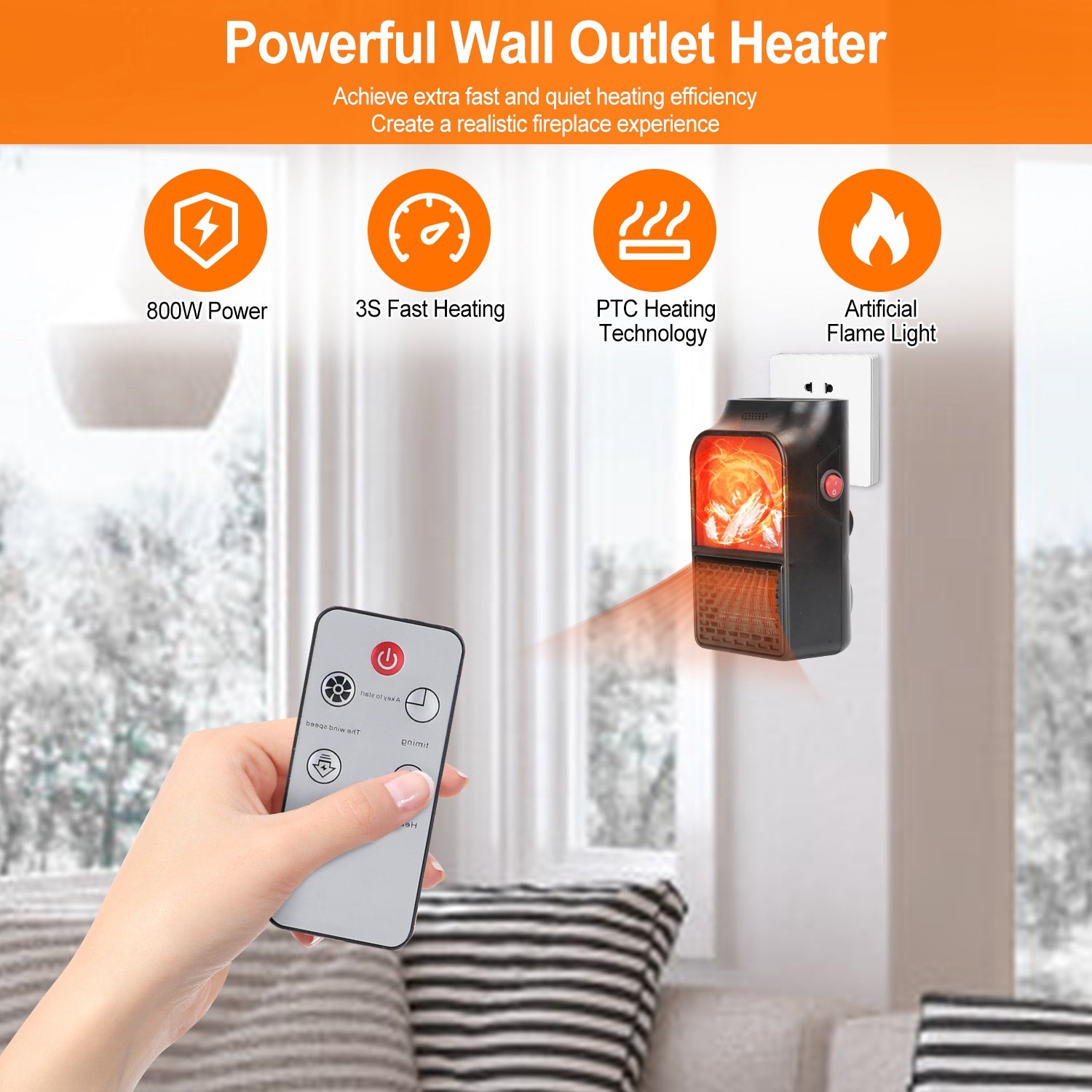 800W Plug-In Space Heater Wall Outlet Heater with 360° Rotatable Plug Adjustable Temperature 2 Wind Speeds Remote Control 