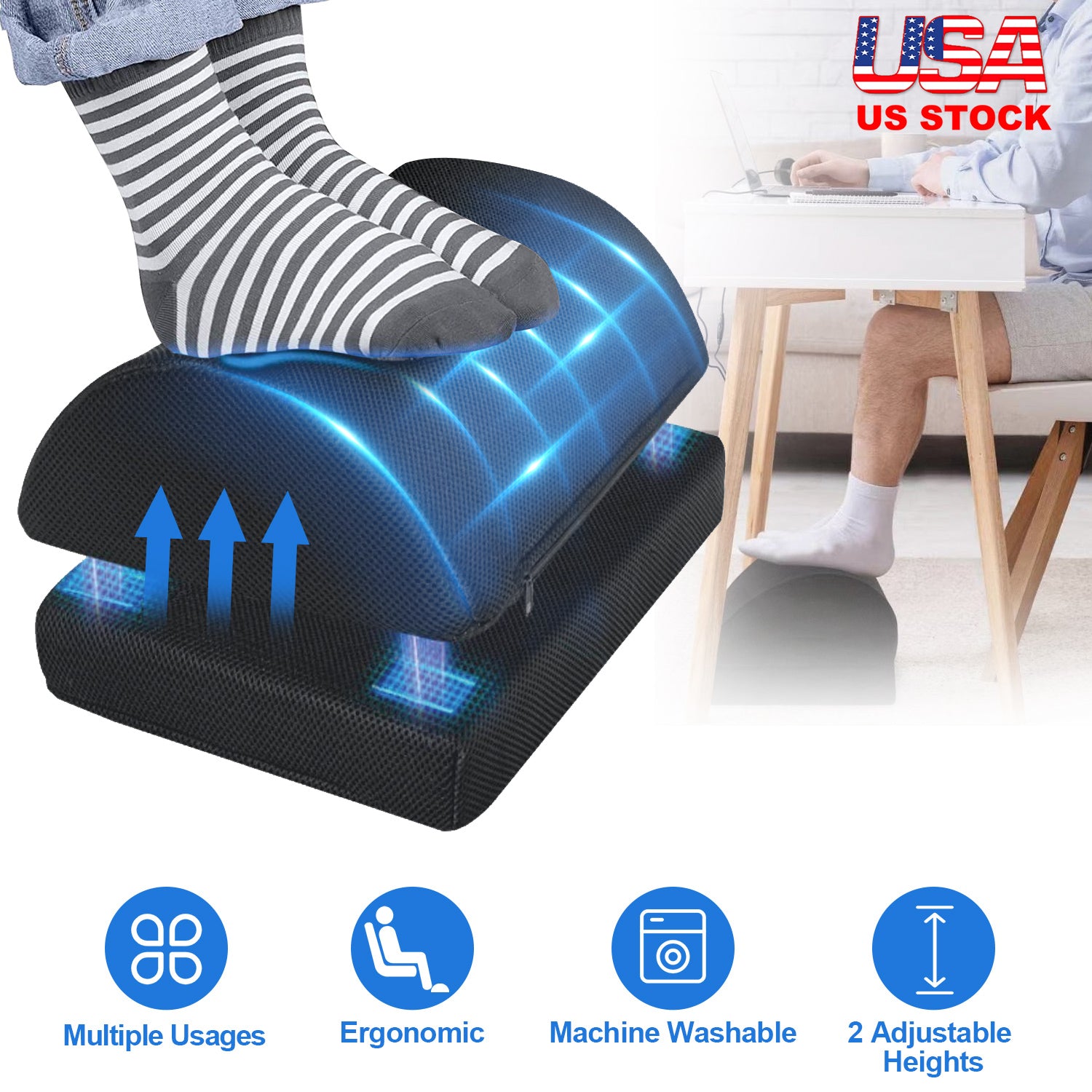 Under Desk Office Footrest Memory Foam Ergonomic Footrest Washable Foot Rest with 2 Adjustable Heights for Home Office