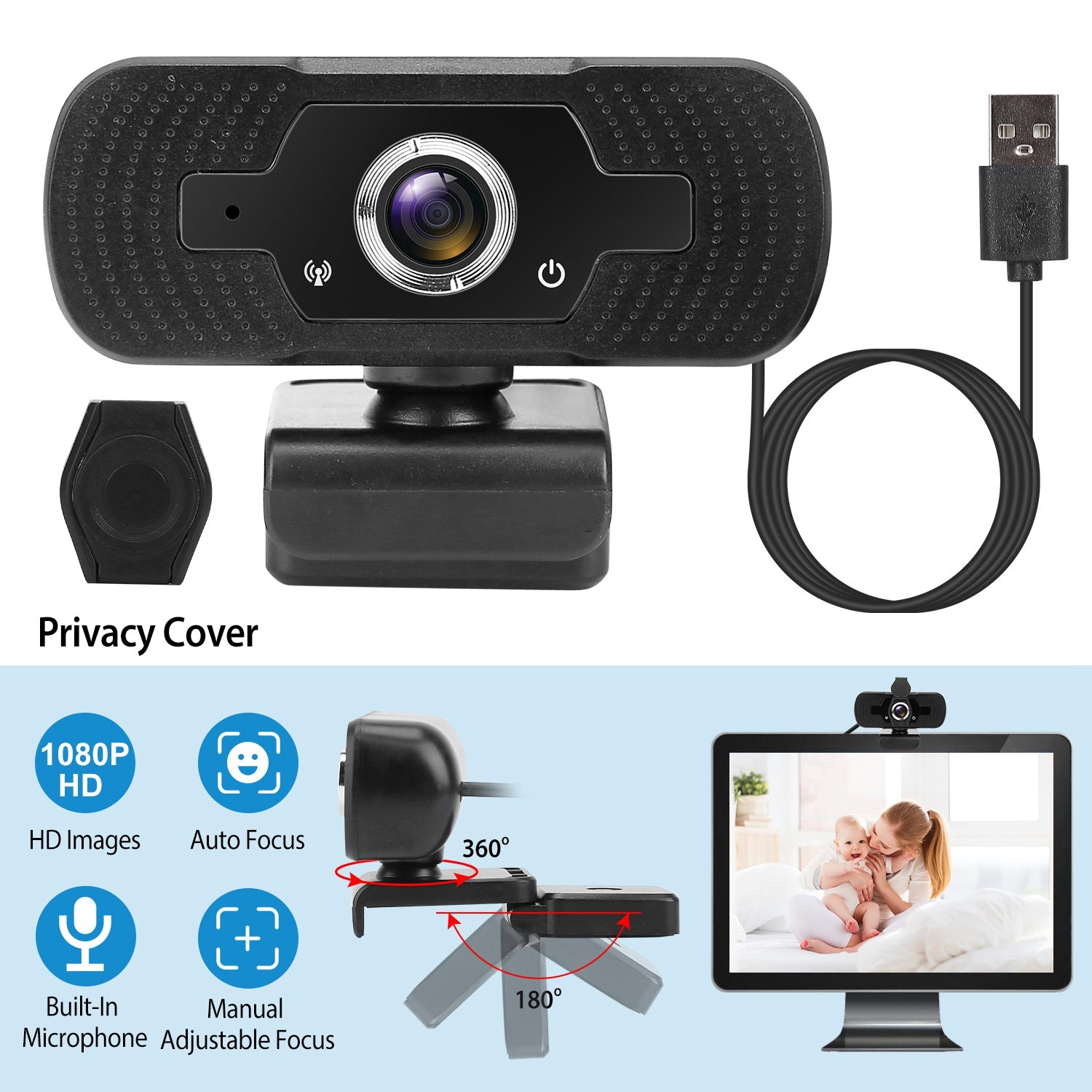 FHD 1080P USB Webcam w/ Microphone Privacy Cover Rotatable Clip Streaming USB Camera Plug And Play For PC Video Conferencing Gaming Facetime Broadcast