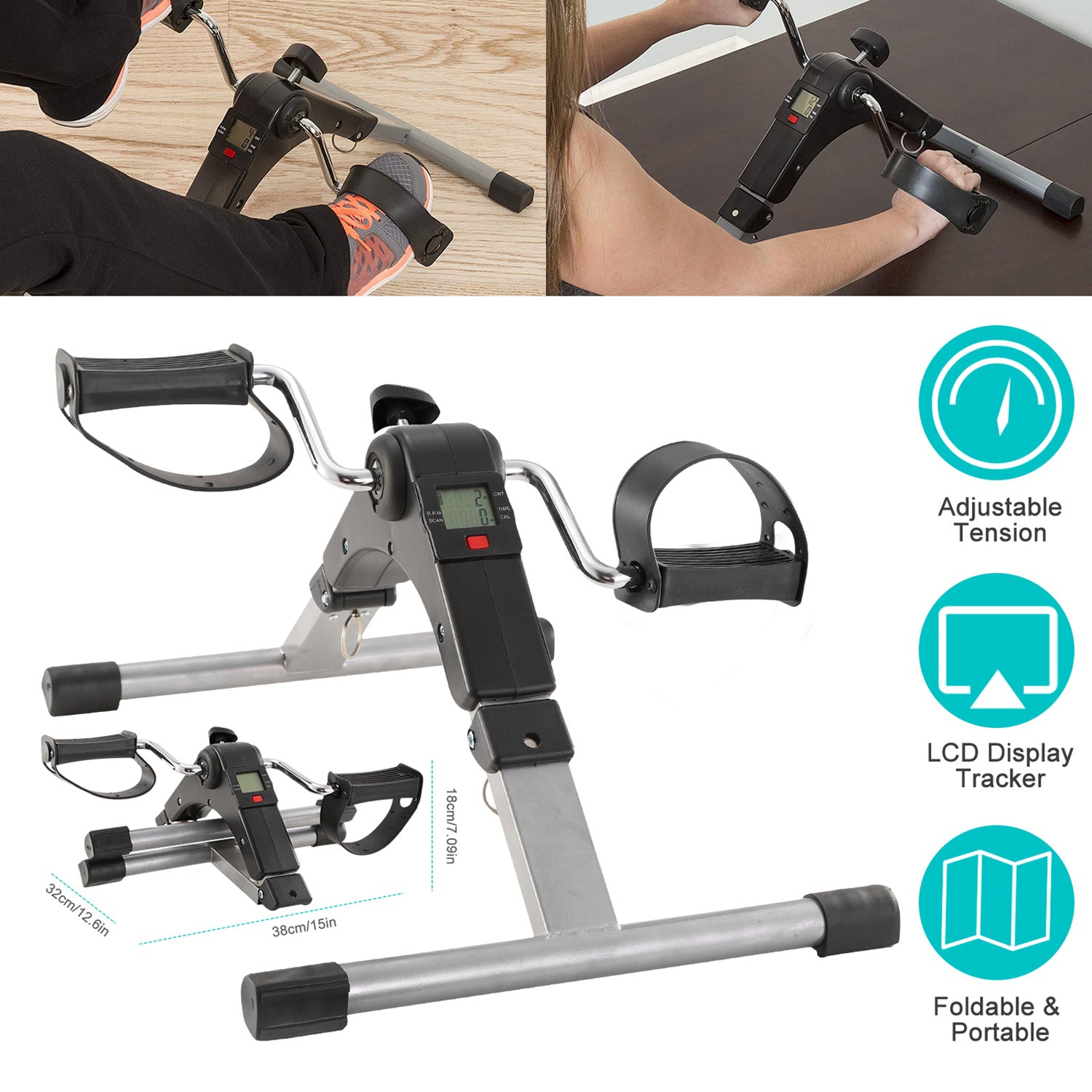 Foldable Exercise Bike Pedal Fitness Exerciser Cycle Bike w/ LCD Display Mini Pedal Exerciser for Leg Arm Physical Therapy Home Office Gym 