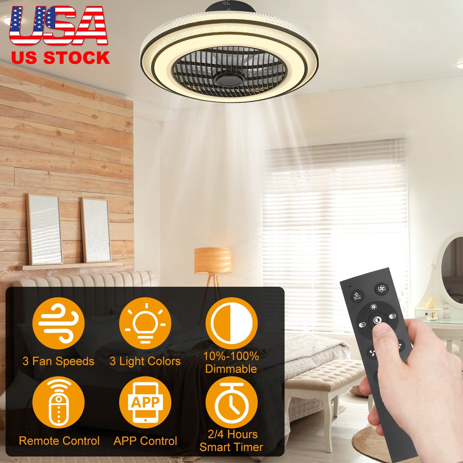 20.5in Ceiling Fan with Light Round Pendant Fan Lamp 30W LED Ceiling Fan with 3-Fan Speed Remote Control Timer APP Control 