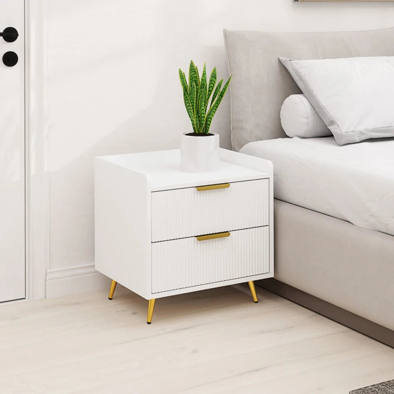 Bedside Table, Nightstand with 2 Drawers, Side End Table with Metal Legs for Bedroom, White