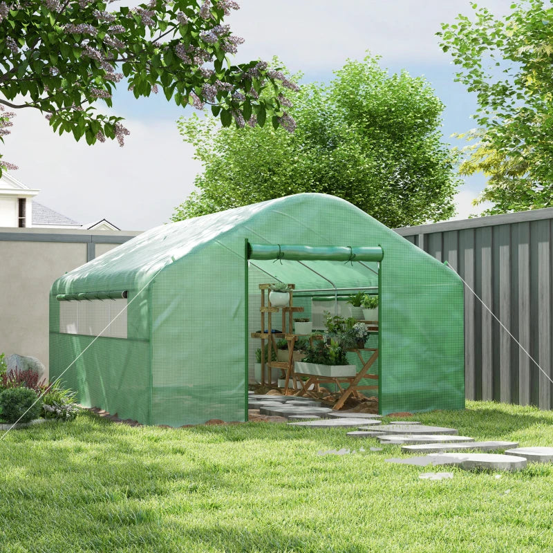Walk-in Tunnel Greenhouse with Galvanized Steel Frame, Doors & Windows, Wind Resistant, Garden Planting Warm House, 13' x 10' x 6.5' , Green