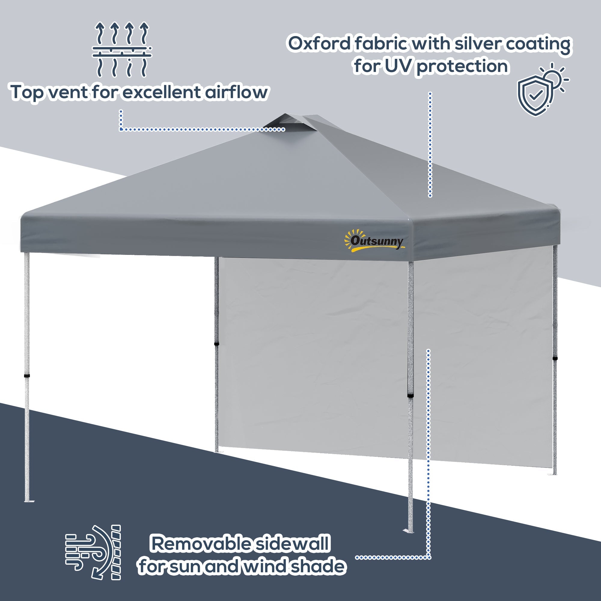 Outsunny 10' x 10' Pop Up Canopy Tent with Adjustable Height, 1 Sidewall, and Wheeled Carry Bag for Outdoor, Garden, Patio, Grey 