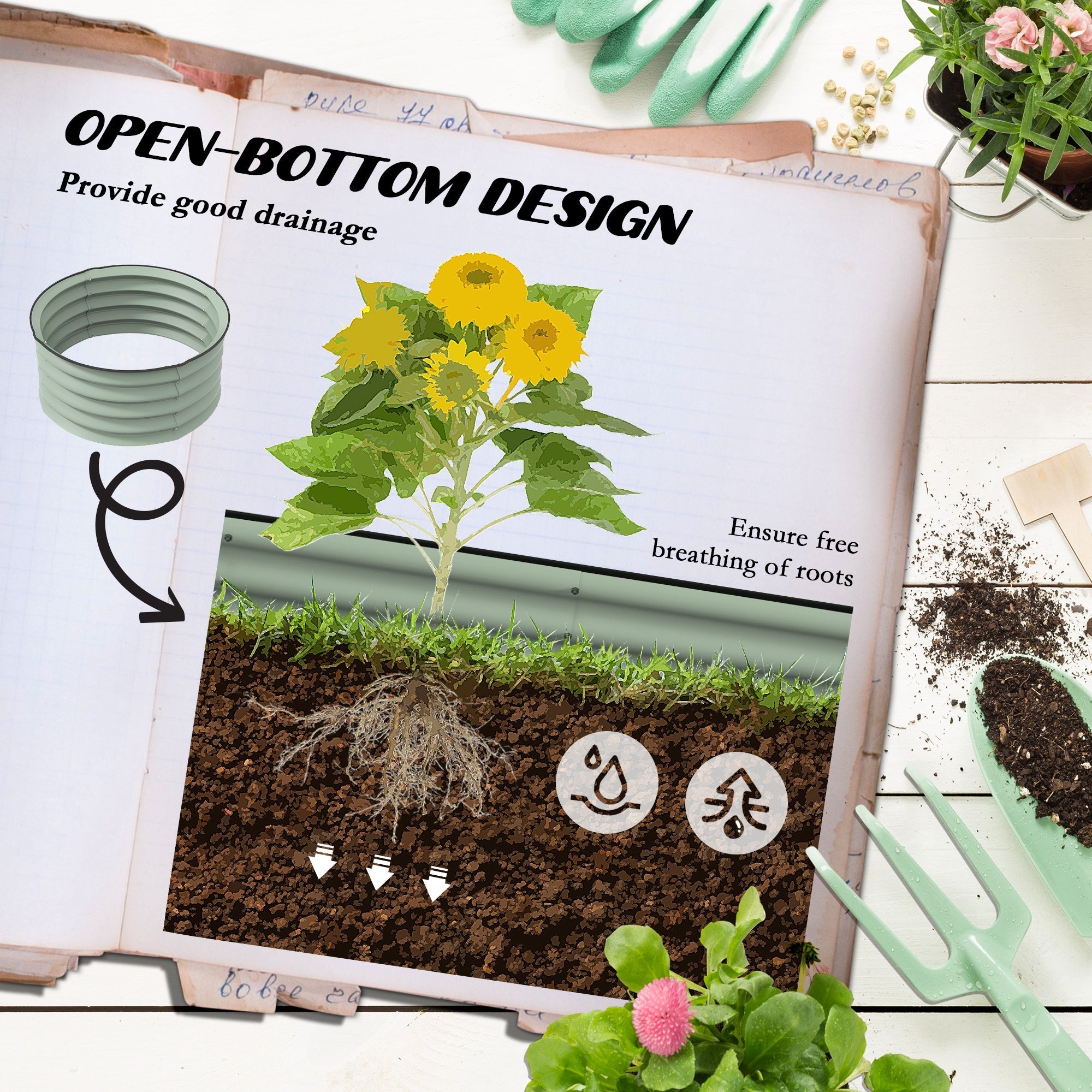 Outsunny Set of 2 Raised Garden Bed, Metal Planter Box with Safety Edging, Easy-to-assemble Stock Tank, Green 