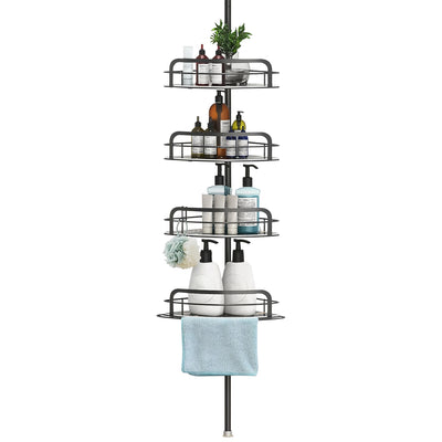 Rust-Resistant Corner Shower Caddy For Bathroom 4 Height Adjustable Shelves With Tension Pole Towel Bar Hanging Hook Floor Standing Bath Storage Rack 