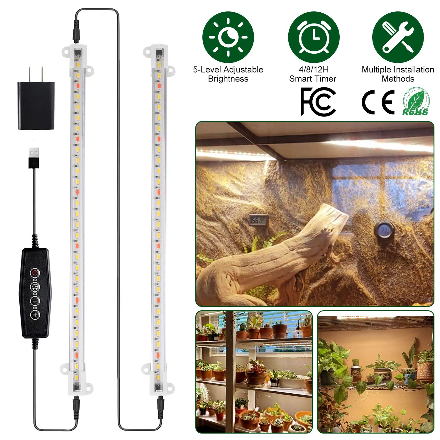 LED Plant Grow Light Strips Full Spectrum Plant Growing Lamp Bar with 2 Strips 60LEDs 4/8/12H Timer 5-Brightness Levels 