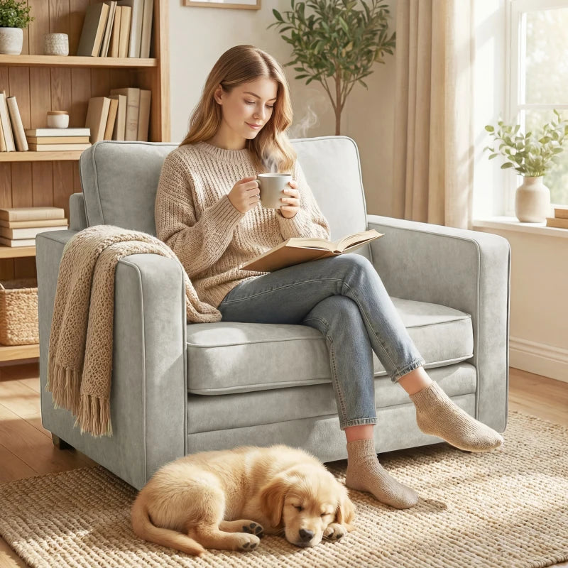 Accent Chair, Velvet-feel Fabric Armchair with Wide Seat, Spring Cushion, Solid Wood legs, Grey