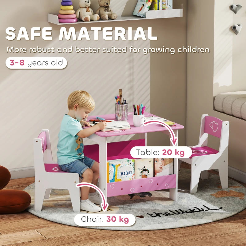 Qaba 3 Pieces Kids Table and Chair Set with Bookshelves, for Classroom, Home, Nursery, Playroom, for Read, Draw, Art, Pink