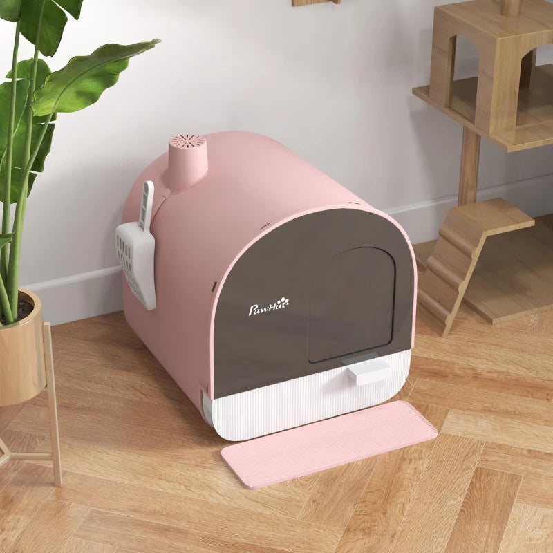 Cat Litter Box with Lid, Removable Tray, Scoop, Filter, Pink