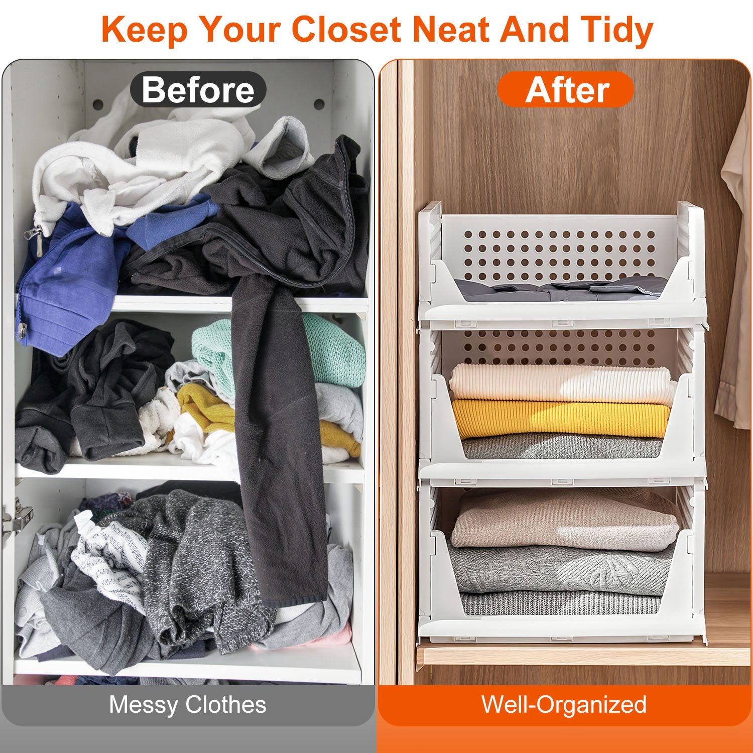 4 Packs Plastic Storage Box Closet Organizer Foldable Storage Bin Stackable Drawer with Slide Rail Push-Pull Storage Basket for Living Room Bedroom Wa 