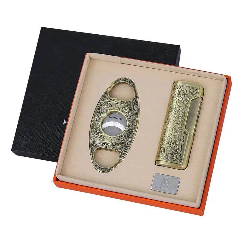 Embossed Portable Metal Alloy Cigar Cutter and Torch Lighter Gift box set 