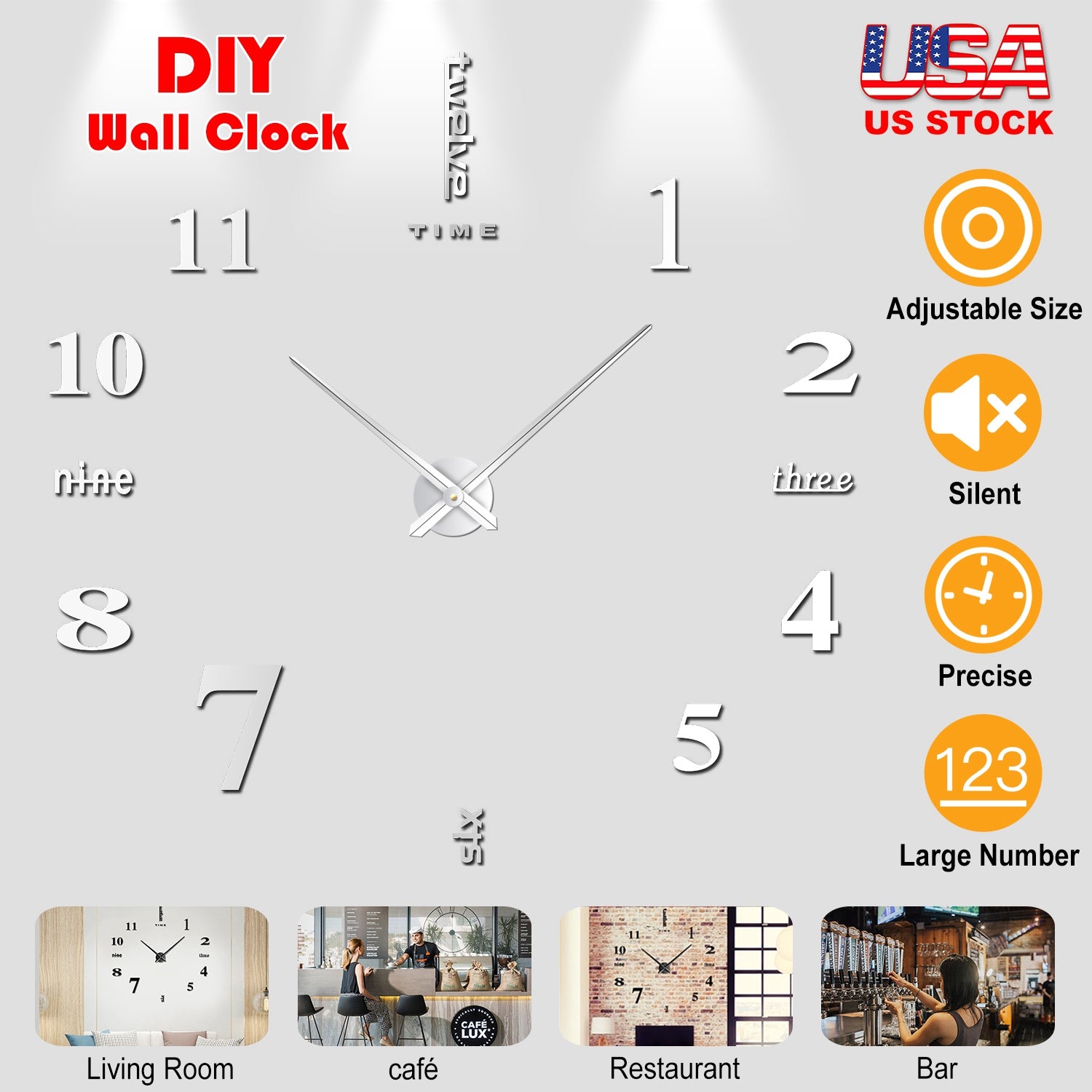 DIY Wall Clock 3D Mirror Surface Sticker Modern Art Wall Clock Home Office Decors Big Number Watch 