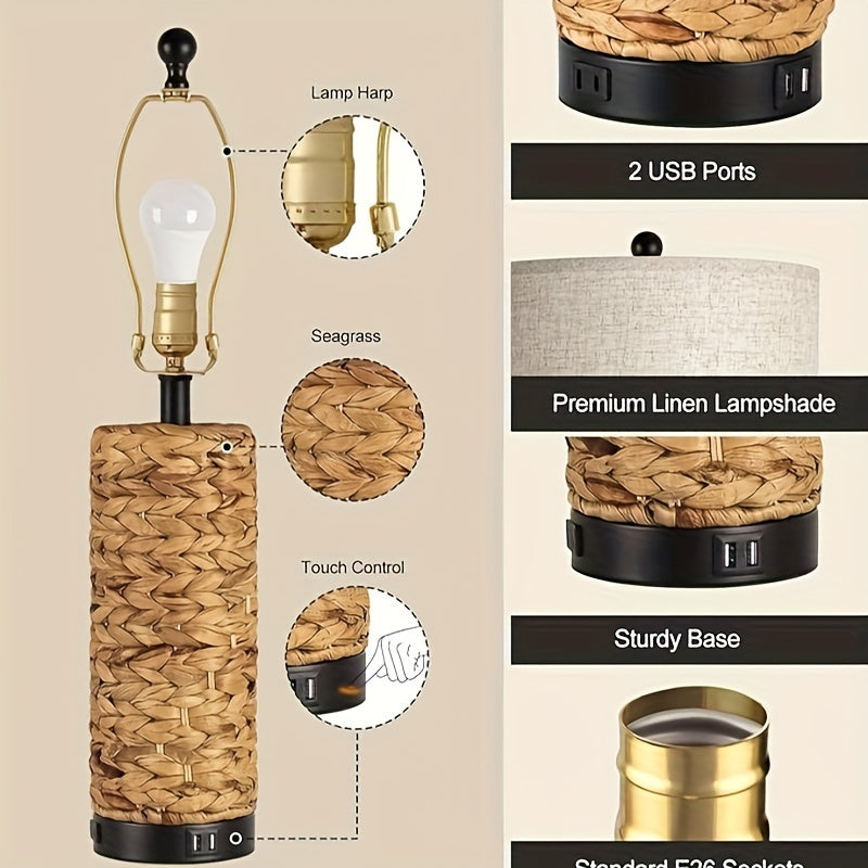 Set of 2 Rustic Touch Table Lamps for Bedroom 3 Way Dimmable Modern Farmhouse Nightstand Lamps for Living Room Coastal Sea Grass Bedside Lamps with 2 USB Ports and 1 AC Outlet, 2700K LED Bulbs Included 