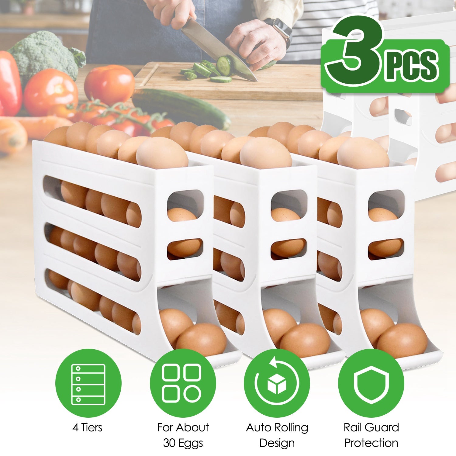 3Pcs 4 Tiers Egg Holder Auto Rolling Fridge Egg Organizer Space-Saving Tilt Refrigerator Egg Dispenser Fridge Roll Down Egg Storage Rack for About 30