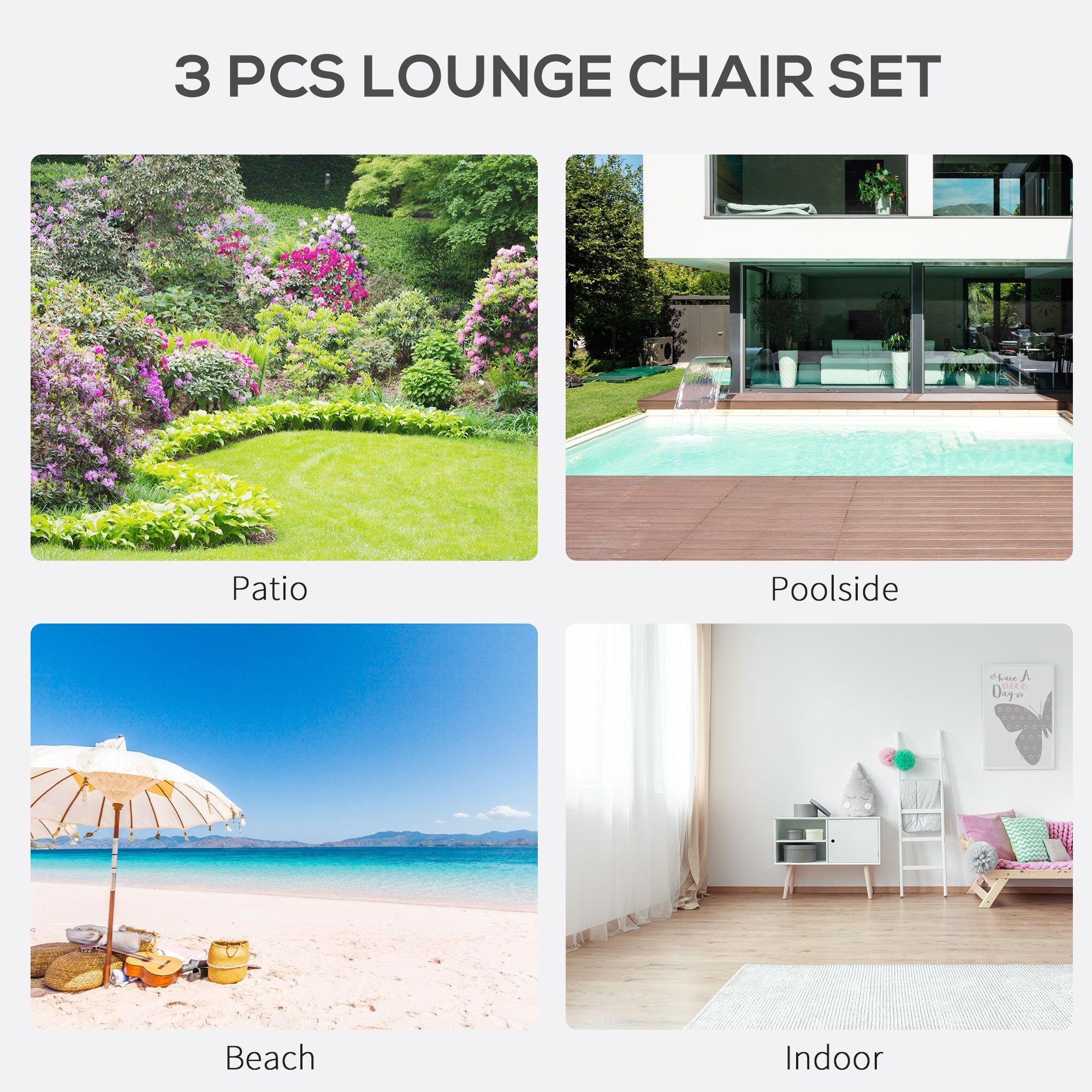 Outsunny 3pc Patio Lounge Chair Set Outdoor Sunbathing with Side Table Black 