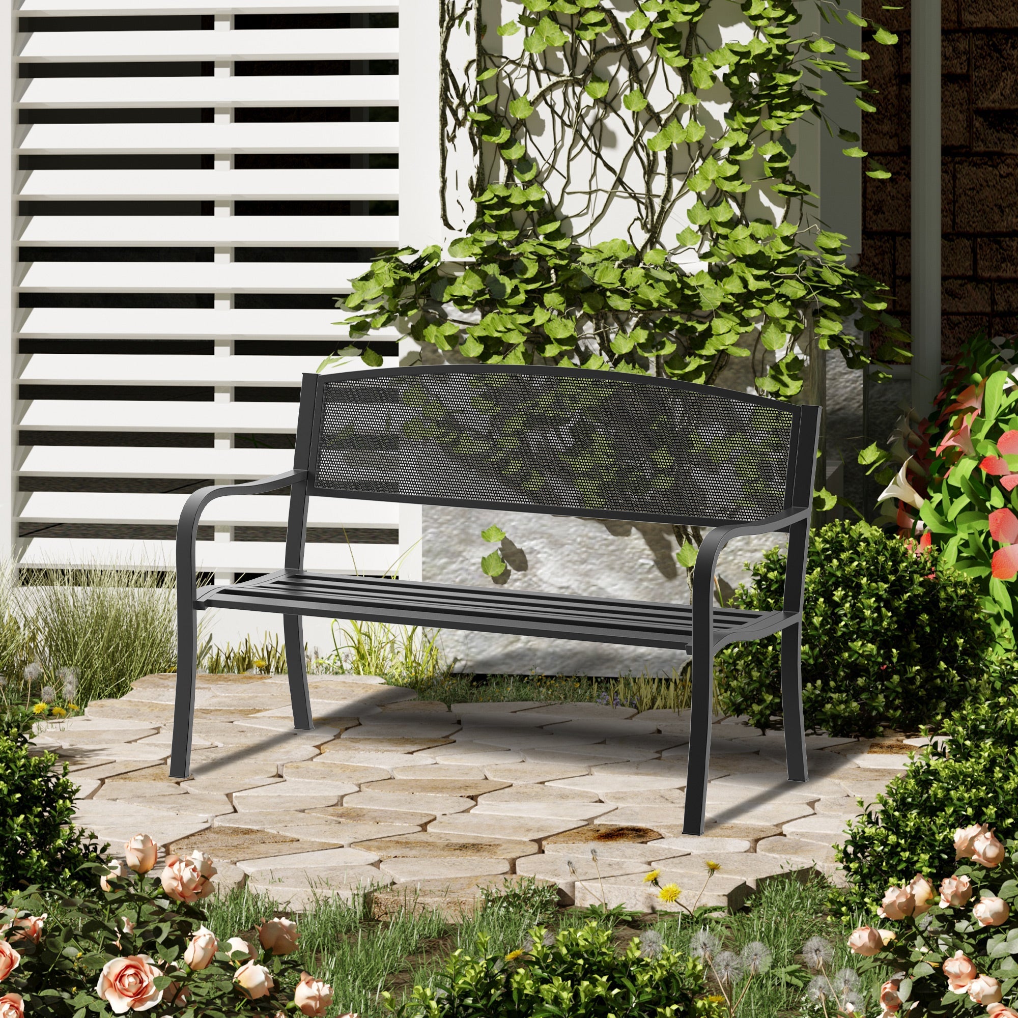 Outsunny 50" Steel Garden Bench Outdoor Patio 2-Person Park Seat Loveseat Black 