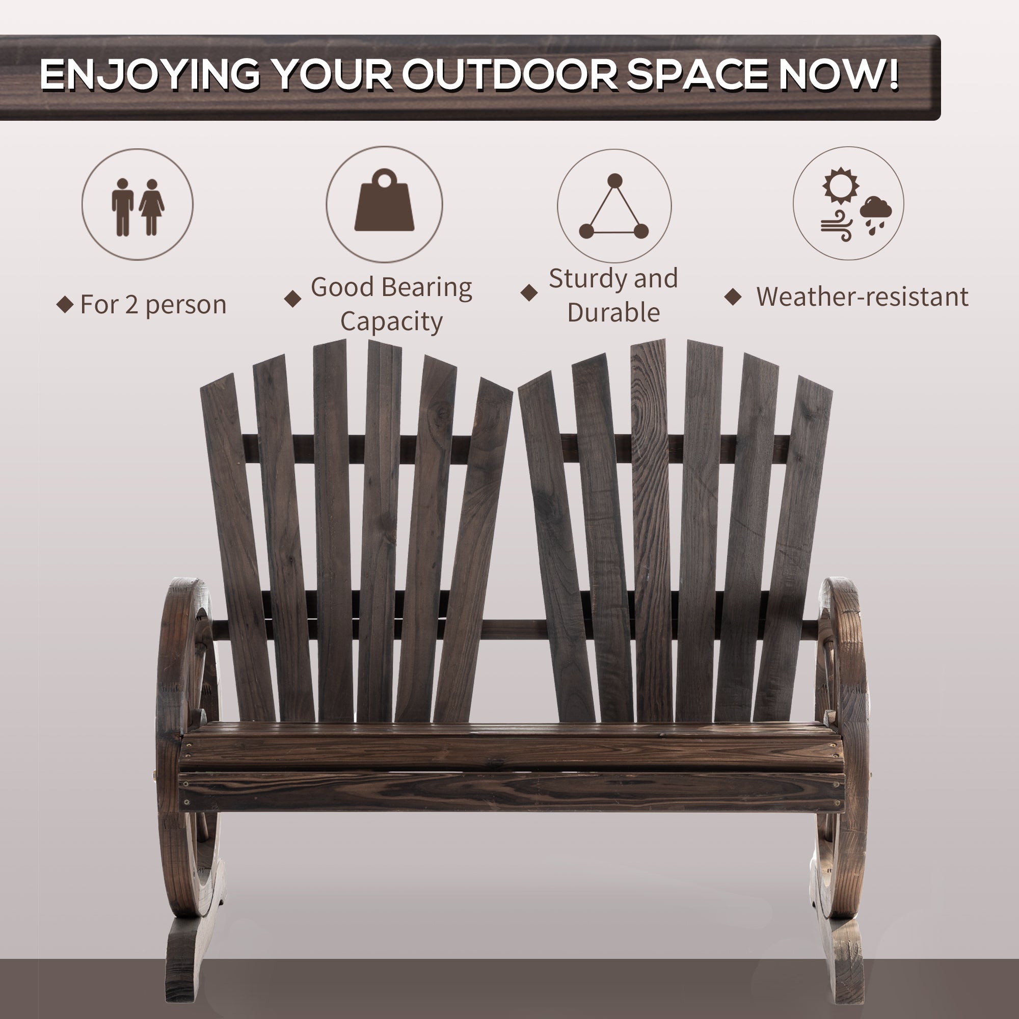 Outsunny Wooden Garden Bench 2-Seat Patio Bench with Wheel-Shaped Armrests Carbonized Color for Outdoor 