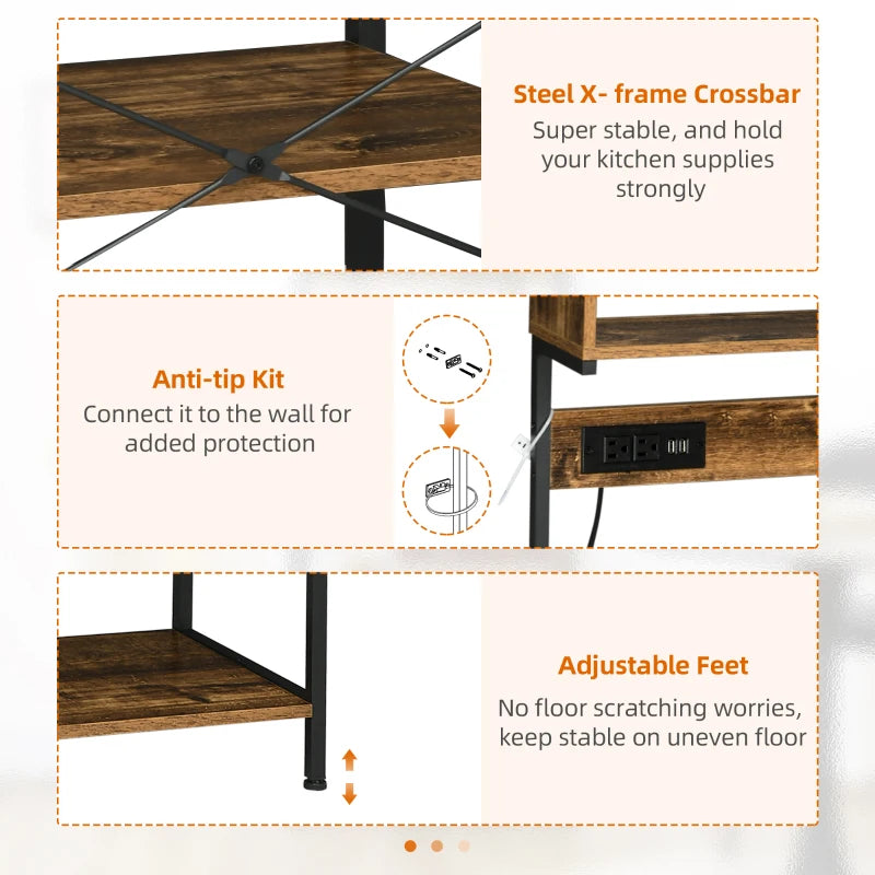 Baker's Rack with Charing Station, Microwave Shelf with Power Outlet, USB Charger and 5 Hooks, Rustic Brown