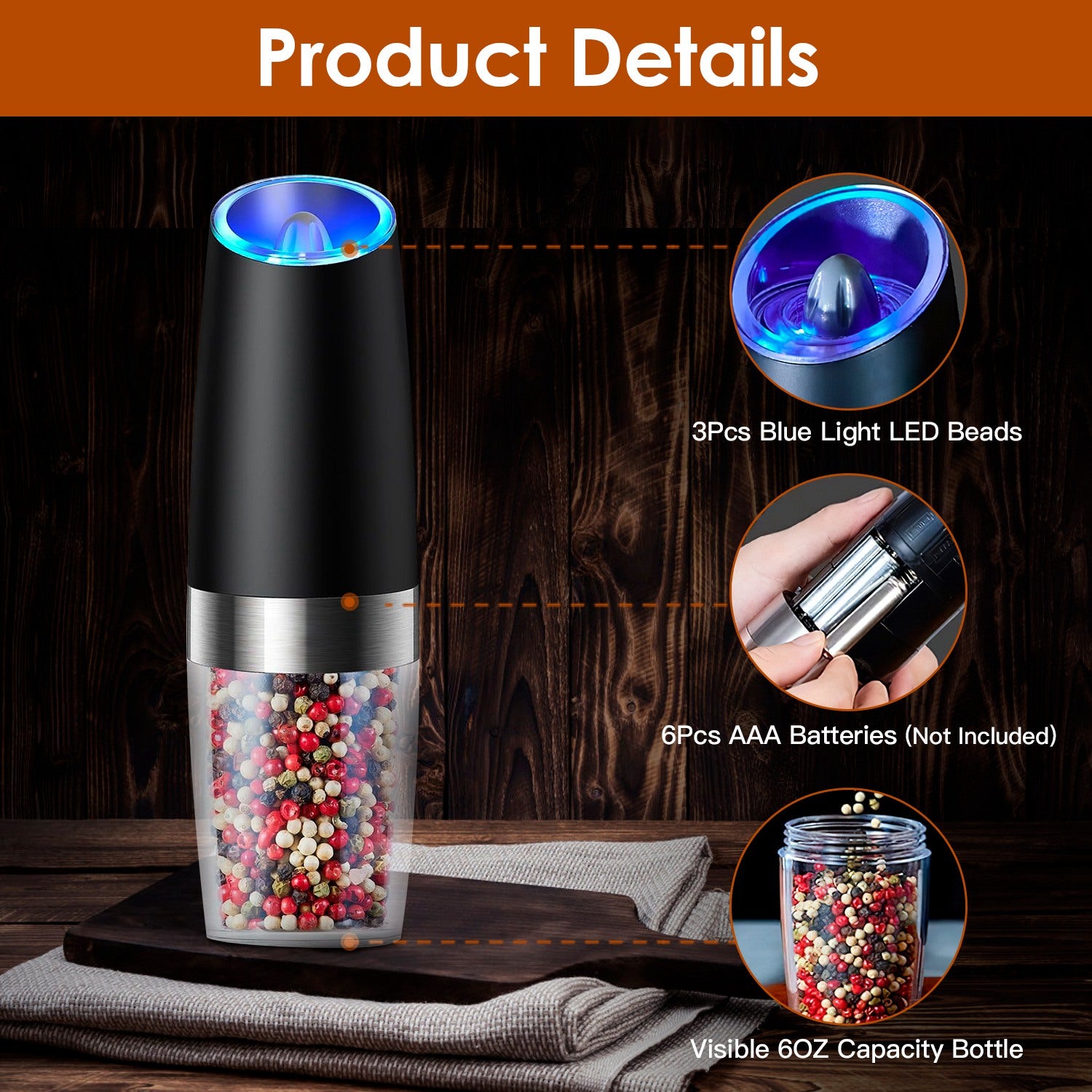 2Pcs Gravity Sensing Salt and Pepper Grinder Automatic Electric Salt Mill Grinder With Built-in LED Lights Adjustable Coarseness One Hand Operation Ba 