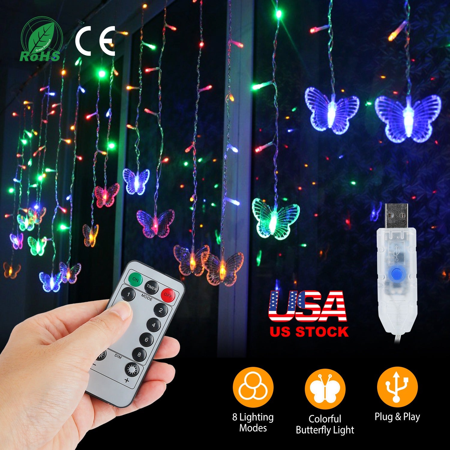 Butterfly Curtain String Lights USB Powered Colorful LED Fairy Lamps w/8 Modes 96 LED Remote Control 11.5ft for Bedroom Weddings Christmas Party Decor 