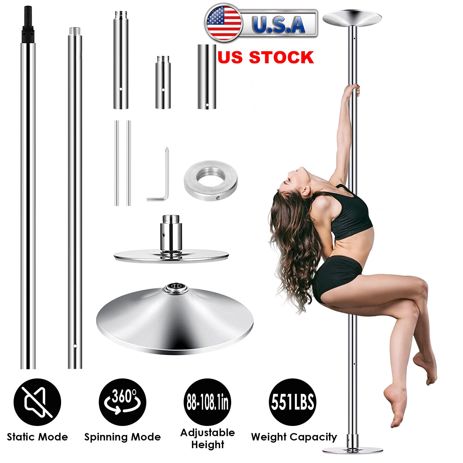 Stripper Dance Pole 45mm Spinning Static Dancing Pole with 88-108.1in Adjustable Height 551LBS Weight Capacity for Fitness Exercise Party Home Club Gy 