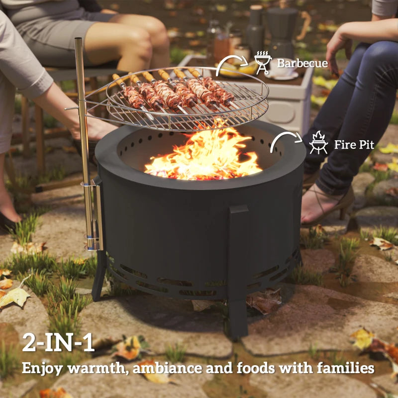 Outdoor Fire Pit, Round Firepit with Grill Grate, Fire Bowl with Ash Catcher and Poker for Backyard Camping Bonfire Picnic, Black