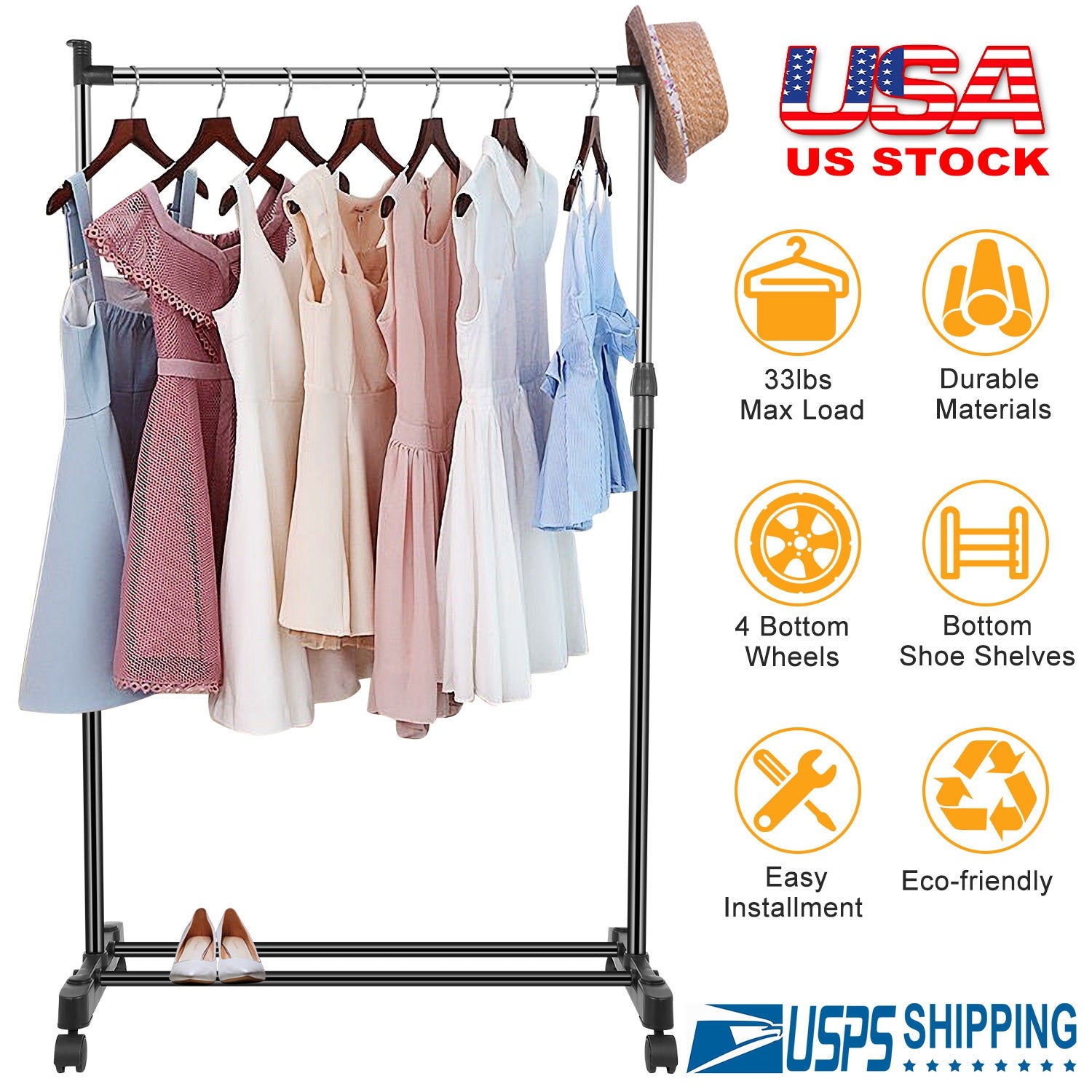 15kg/33lbs Garment Racks 3.12ft-4.80ft Height Adjustable Clothes Stand Foldable Clothes Hanger w/ Wheels Storage Shelf For Dormitory Home