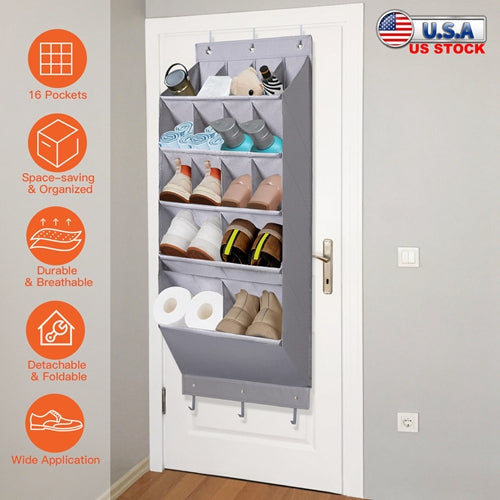 16 Pockets Over The Door Shoe Organizer 5 Tier Shoe Rack for Door with 6 Hooks Behind Door Hanging Storage Shelf for Shoes Toys Towels Bags Bedroom Ba