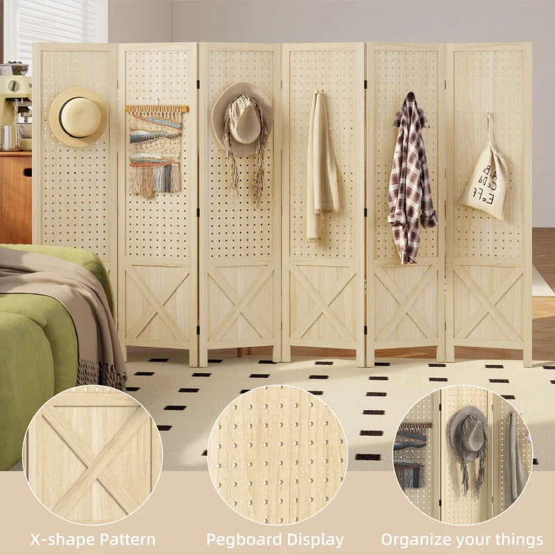 Wooden Room Divider with Pegboard Display, 6 Panel Folding Privacy Screen for Home Office, Natural Wood
