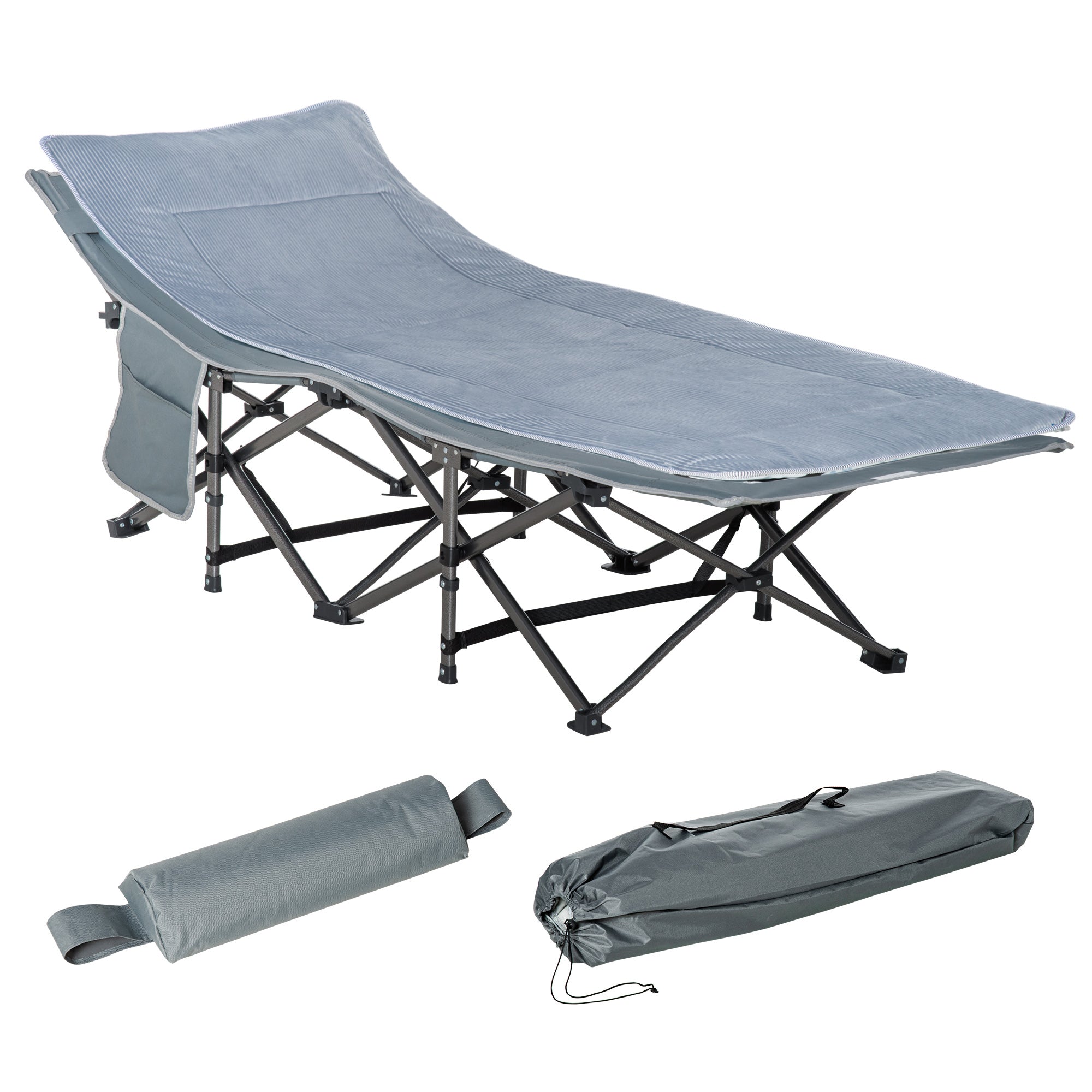 Outsunny Folding Camping Cot with Mattress Pillow Double Layer Oxford Heavy Duty Sleeping Cot Carry Bag Dark Grey 