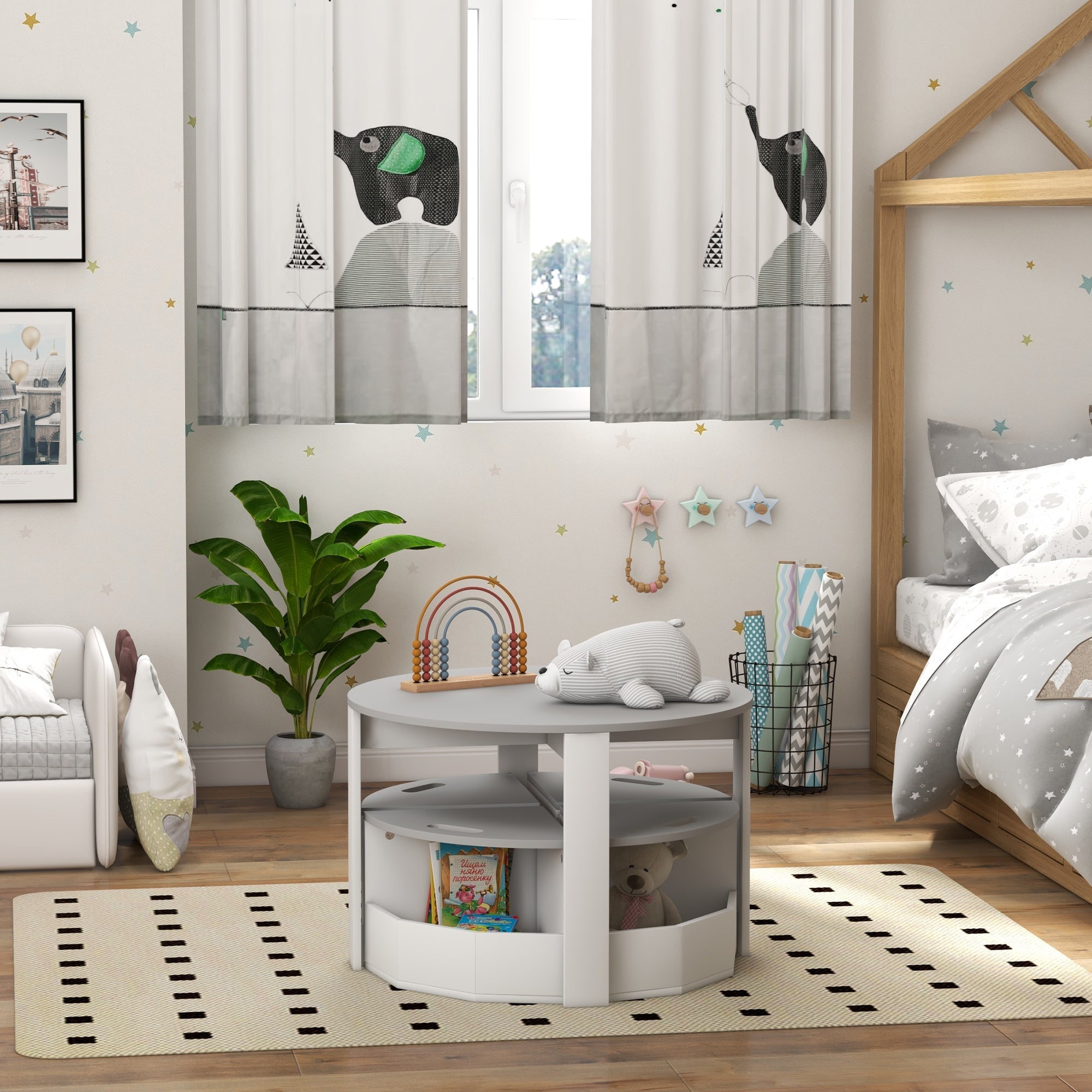 Qaba 5 Piece Kids Table Chair Set Storage Kids Room Playroom Furniture Grey 